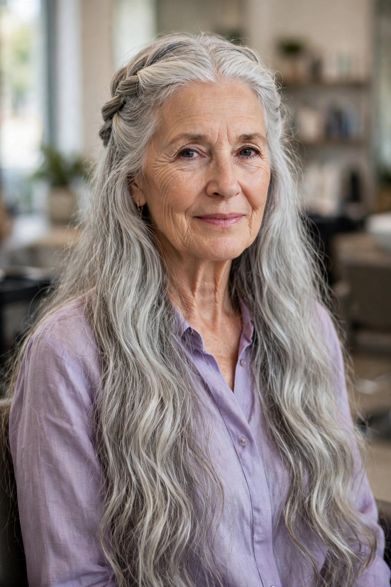 Twisted Half-Up Crown for Long Silver Hair - long gray hairstyle for a woman over 60