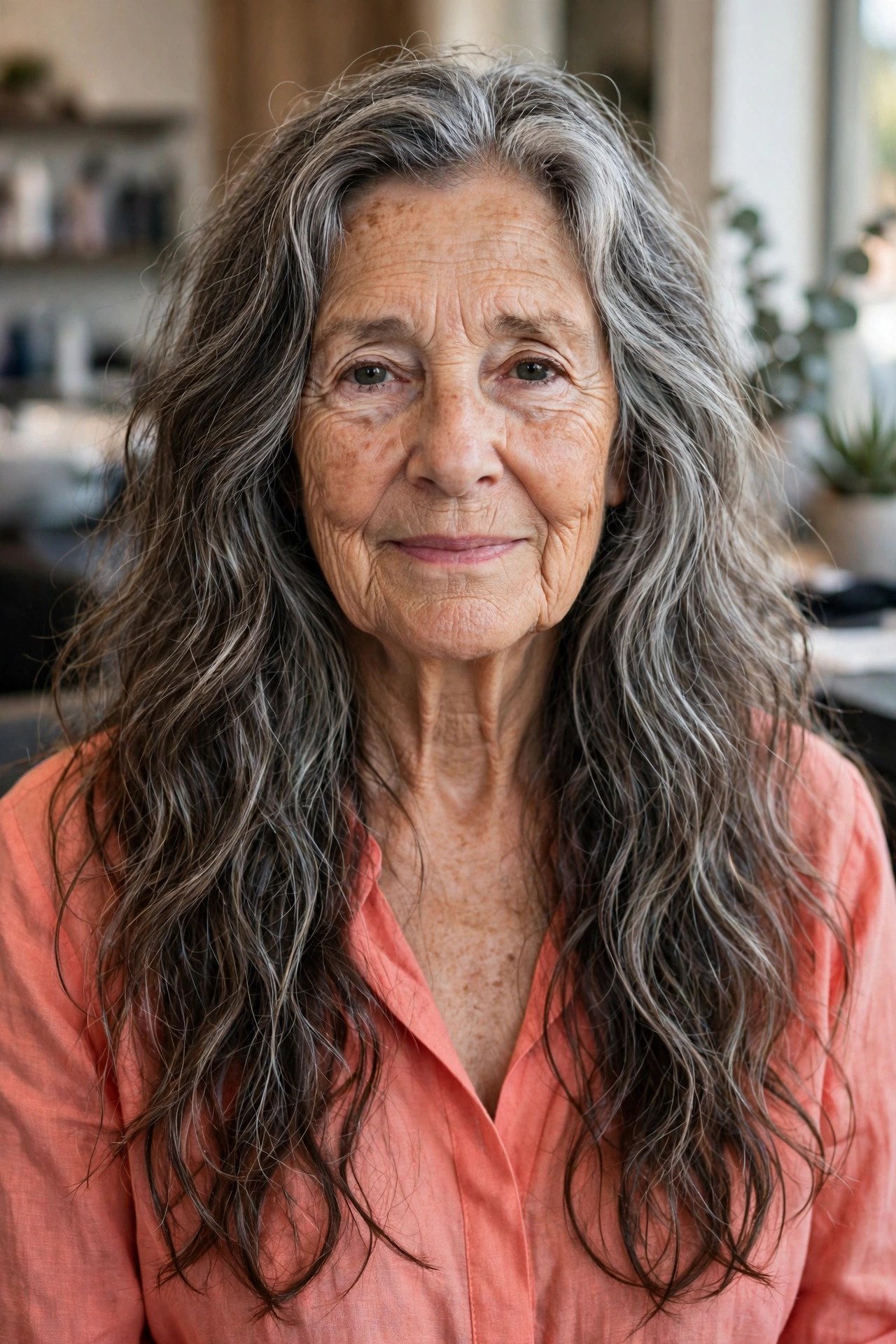 Long Gray Beach Waves with Salt-and-Pepper Dimension - long gray hairstyle for a woman over 60