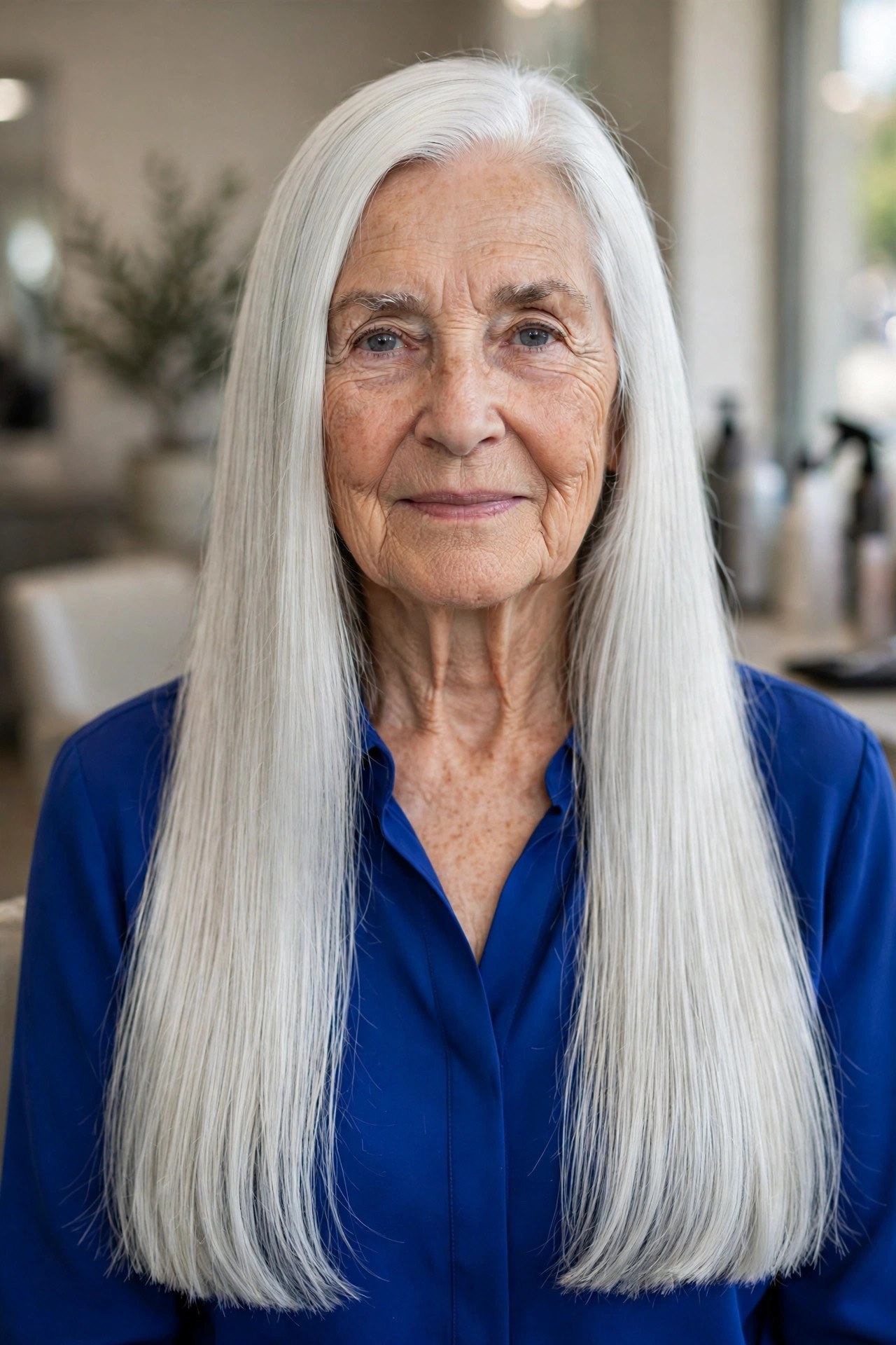 Straightened Silver Hair with Blunt, Healthy Ends - long gray hairstyle for a woman over 60