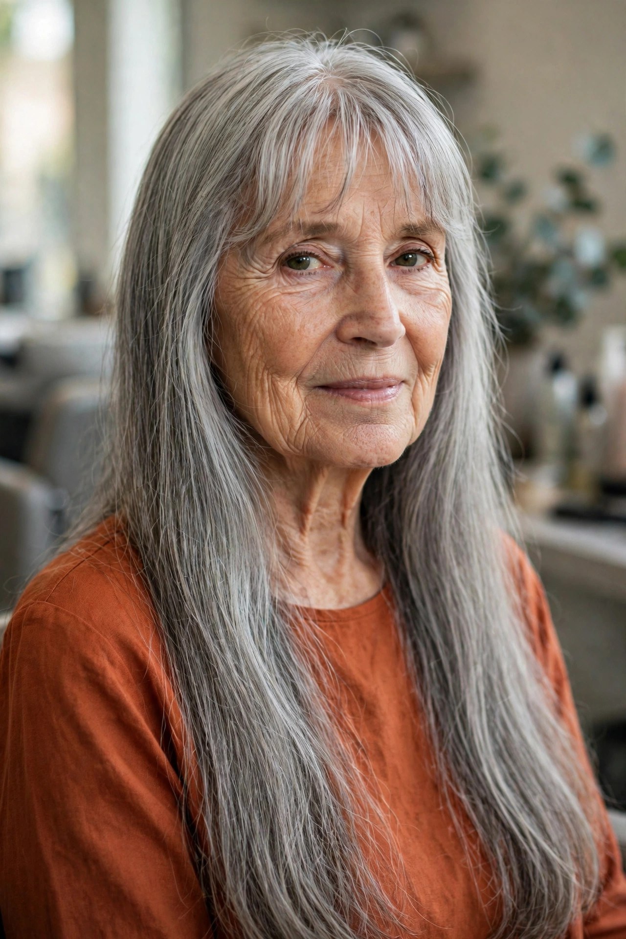 Long Gray Hair with Wispy Bangs - long gray hairstyle for a woman over 60
