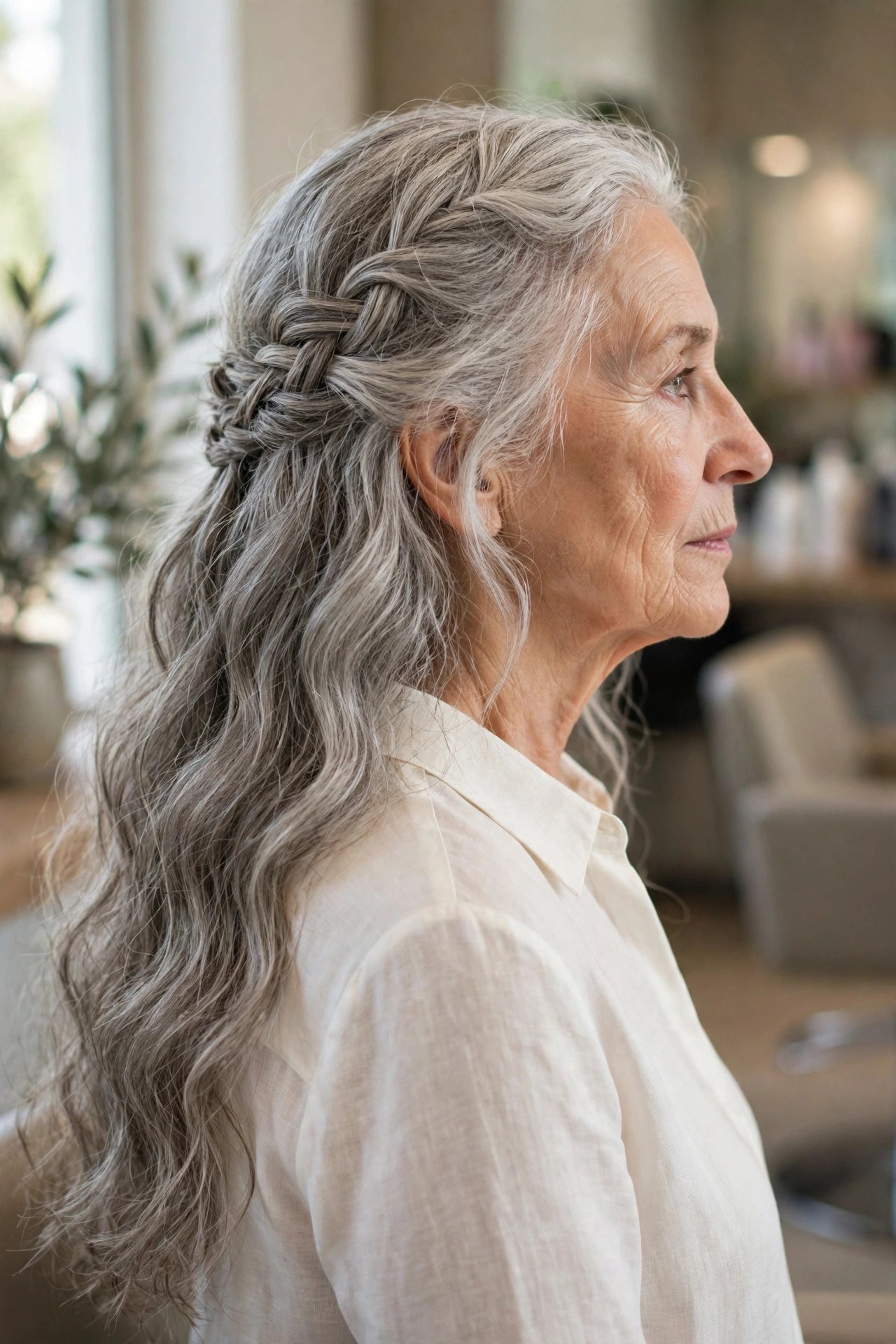 Waterfall Braid Through Long Gray Waves - long gray hairstyle for a woman over 60