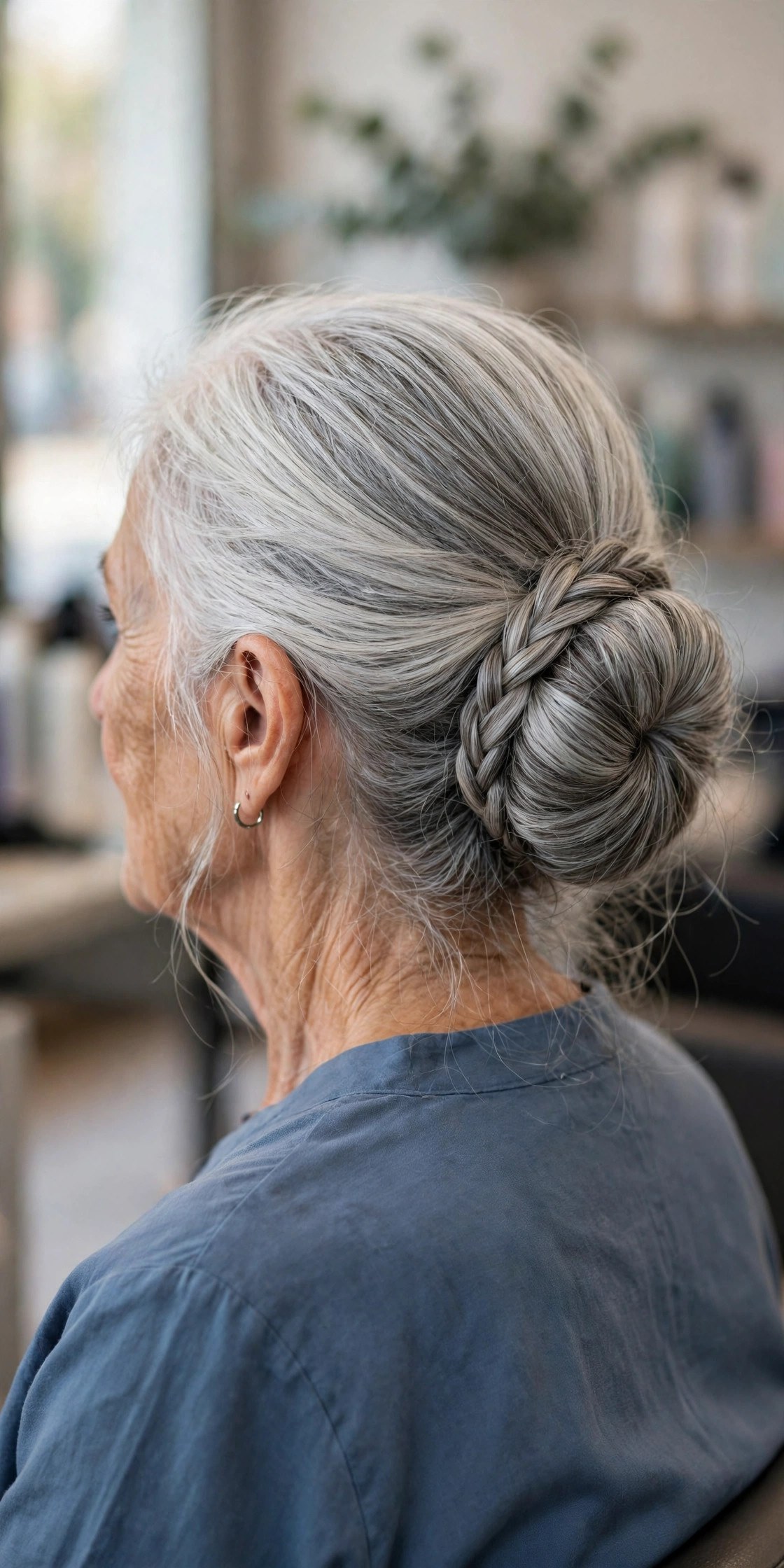 Low Gray Bun with a Braided Wrap - long gray hairstyle for a woman over 60