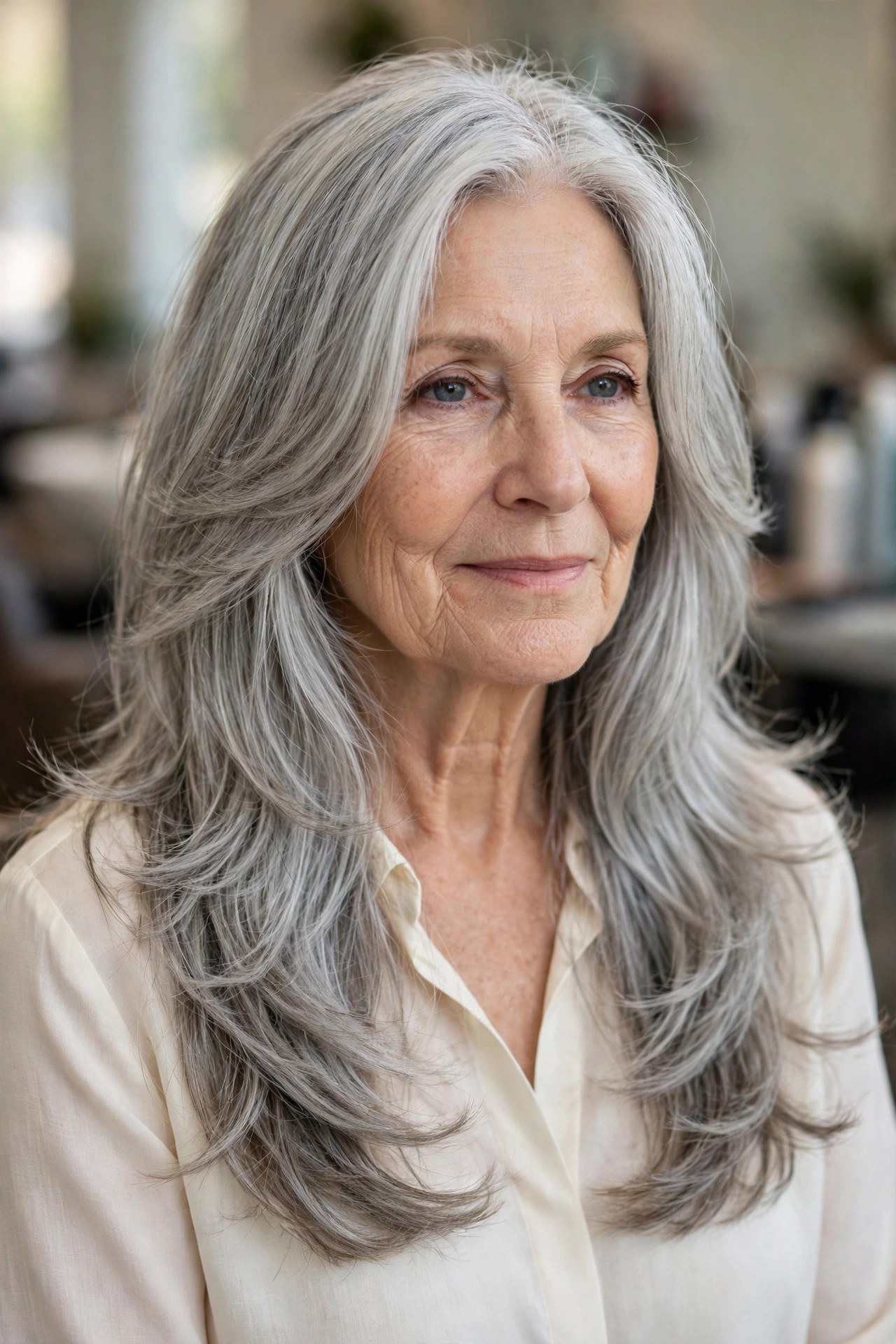 Long Silver Layers with Face-Framing Pieces - long gray hairstyle for a woman over 60
