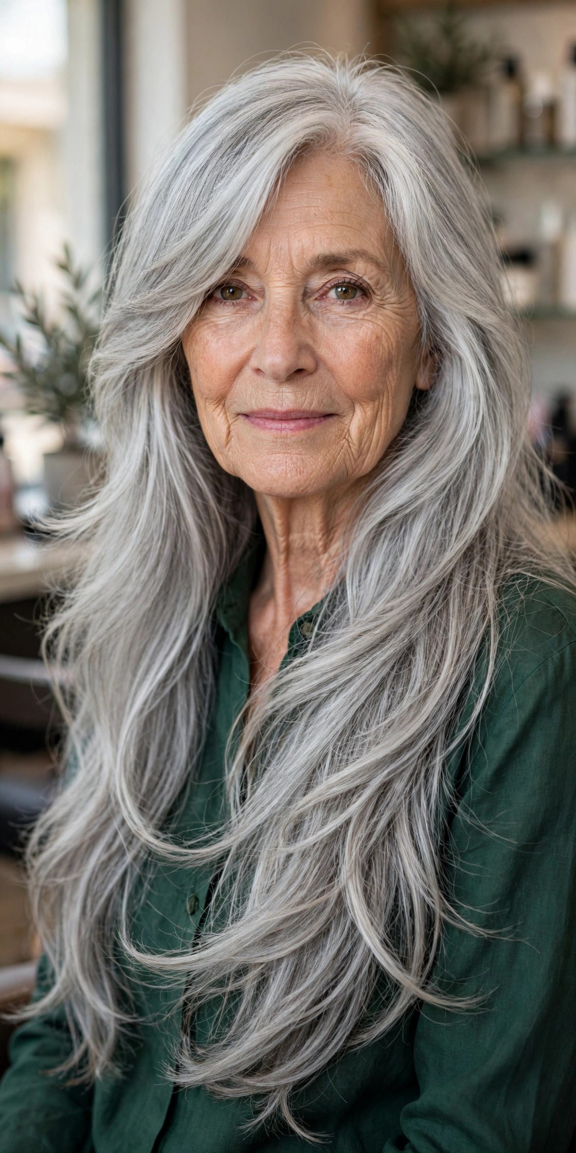 Side-Swept Bangs with Long Flowing Gray Layers - long gray hairstyle for a woman over 60