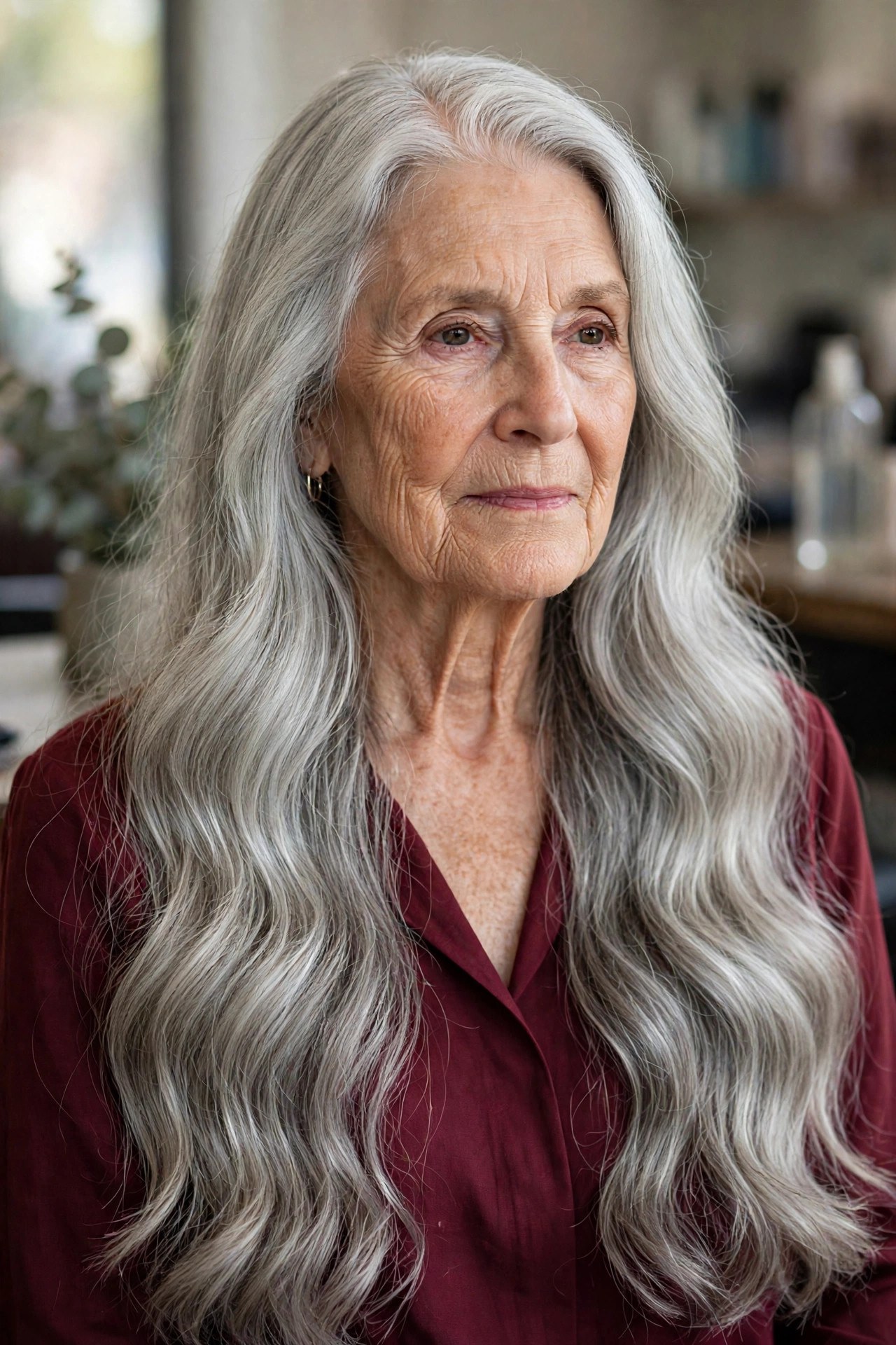 Soft Gray Waves with a Deep Side Part - long gray hairstyle for a woman over 60