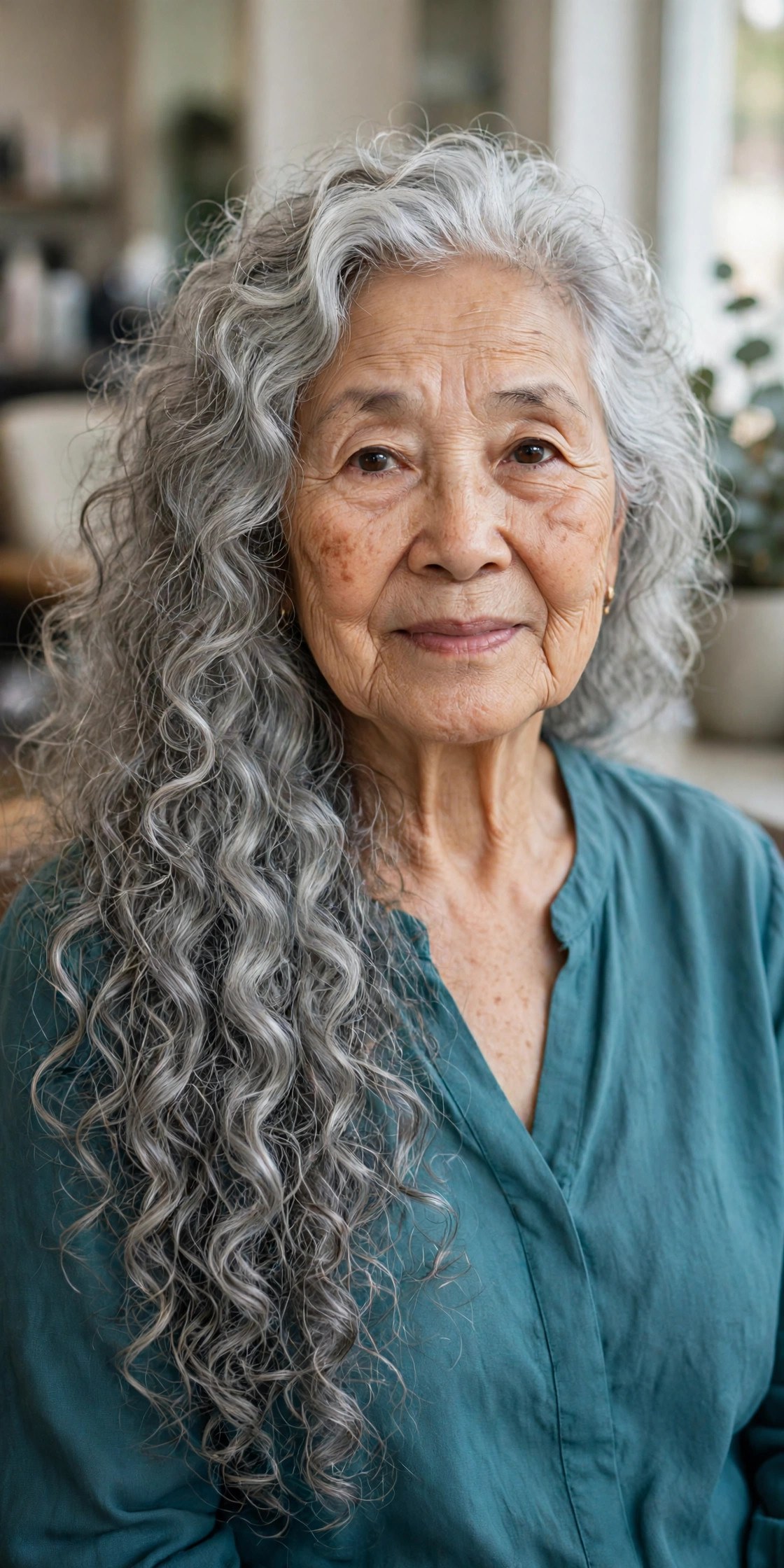 Long Natural Gray Curls with Defined Ringlets - long gray hairstyle for a woman over 60