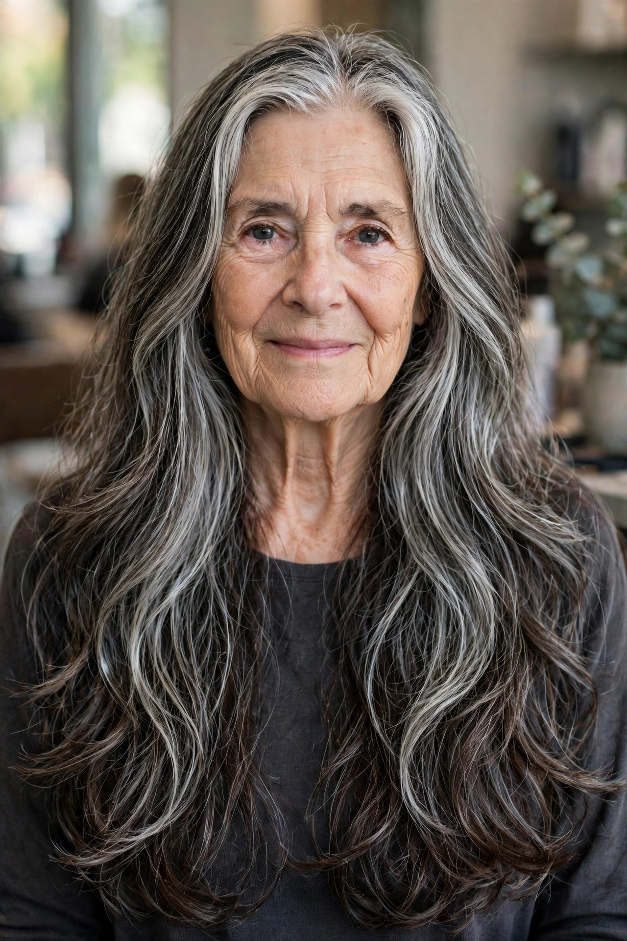 Salt-and-Pepper Layers with Feathered Ends - long gray hairstyle for a woman over 60