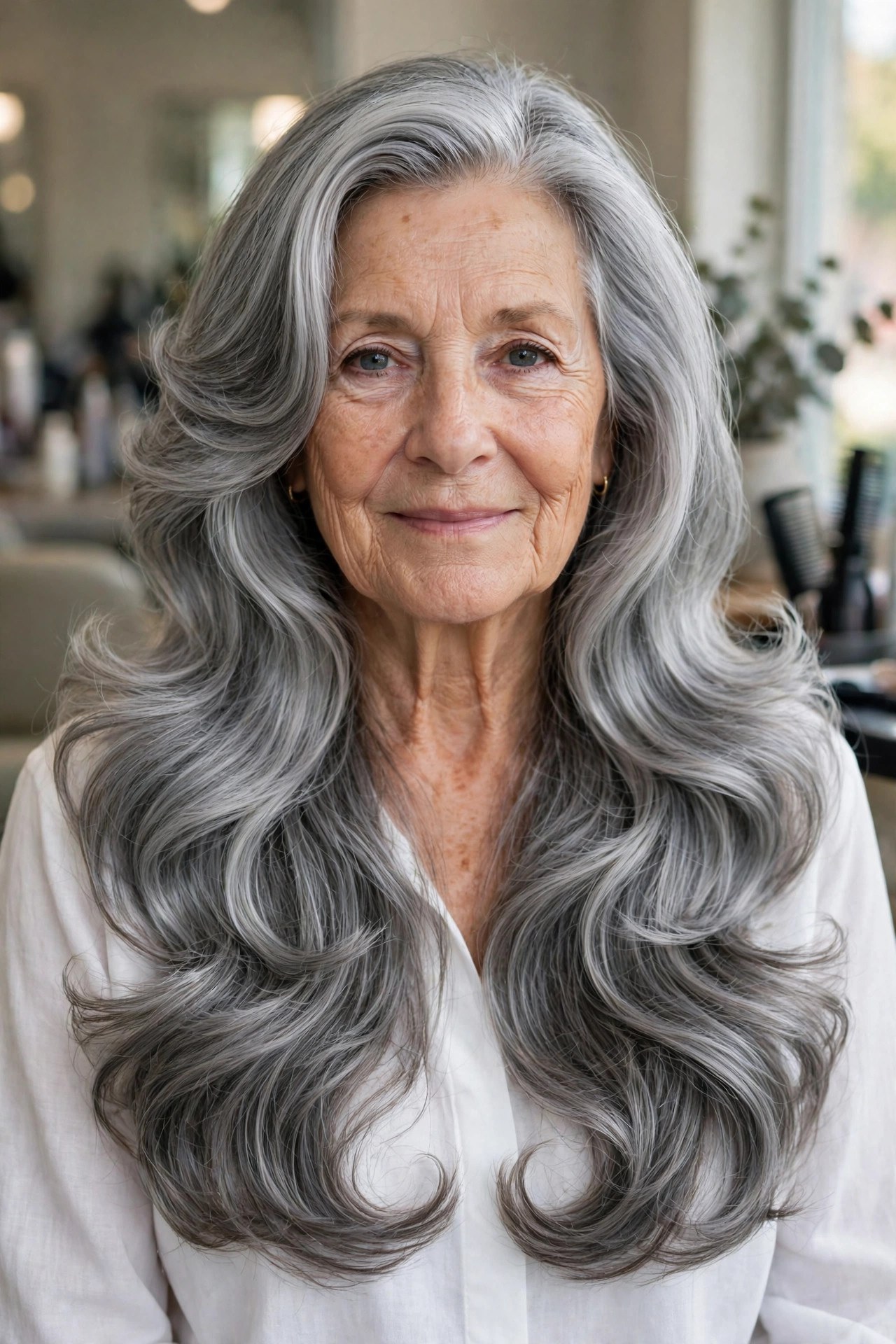 Glossy Silver Blowout with Bouncy Layers - long gray hairstyle for a woman over 60
