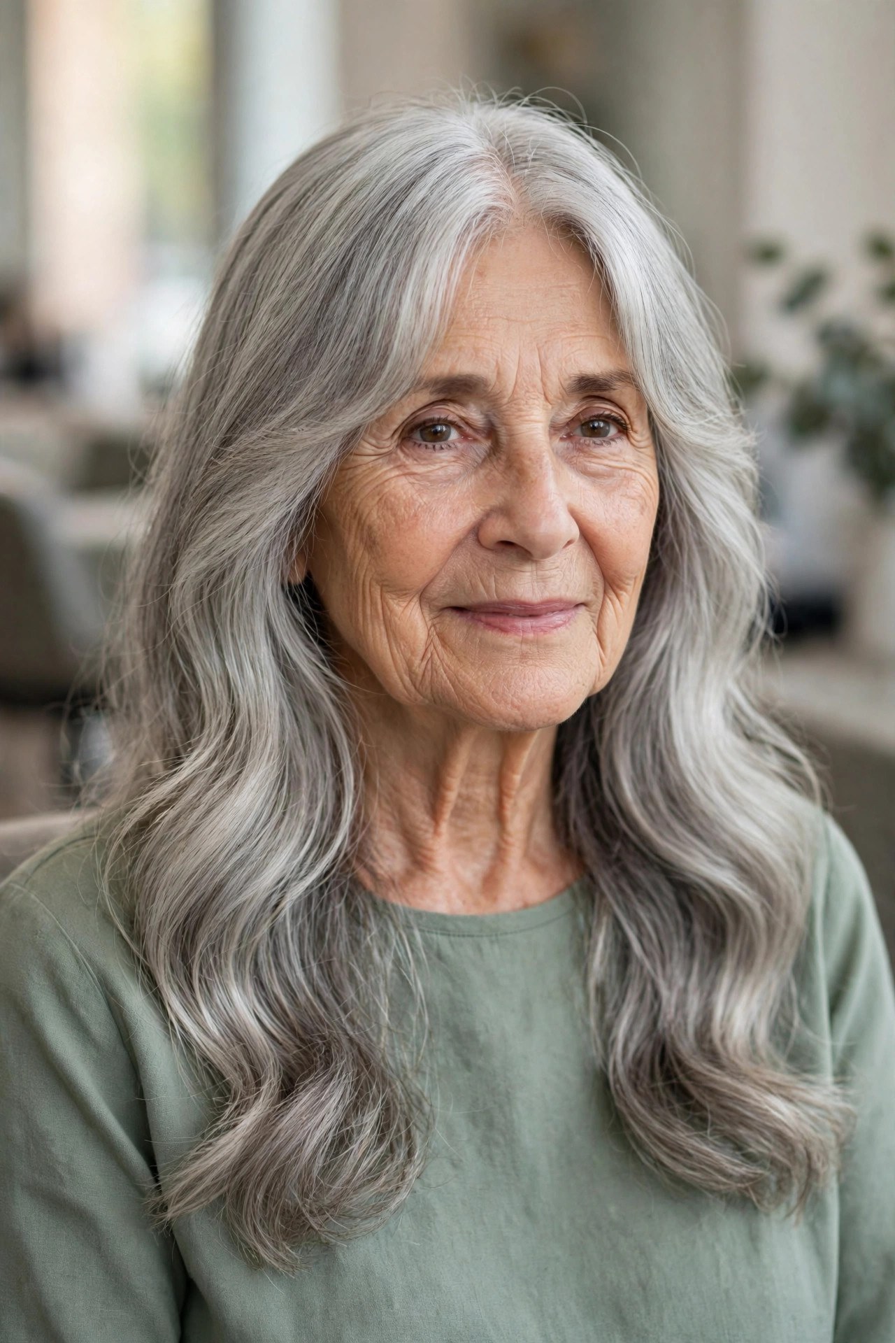 Long Gray Hair with Soft Curtain Bangs - long gray hairstyle for a woman over 60