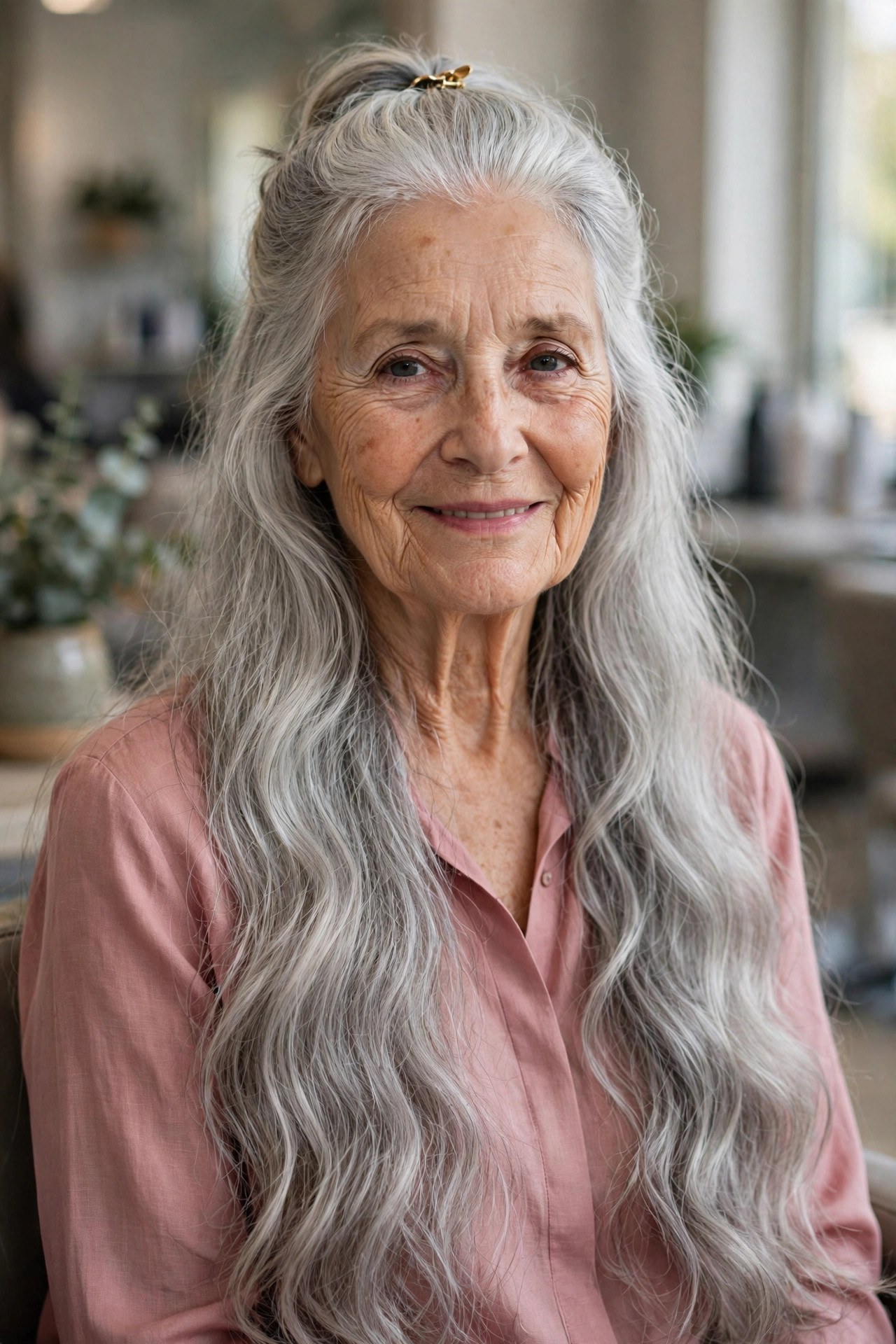 Half-Up, Half-Down Silver Waves - long gray hairstyle for a woman over 60