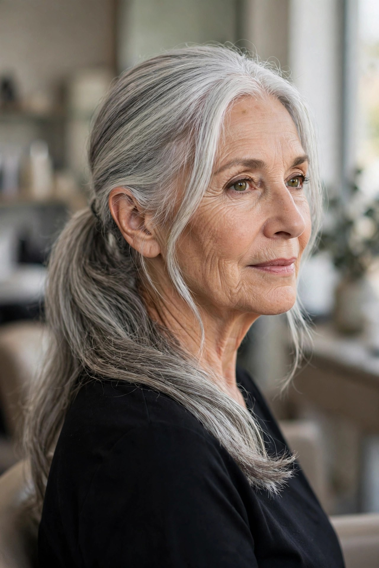 Low Silver Ponytail with Face-Framing Strands - long gray hairstyle for a woman over 60