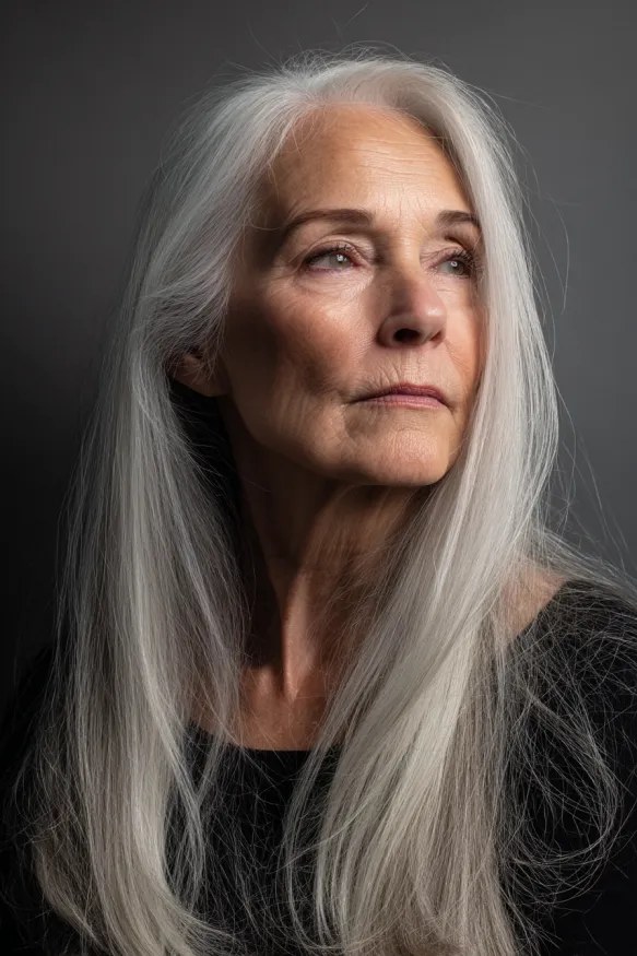 Woman over 70 with waist-Length Silver Hair, Simply Brushed Straight — long gray hairstyle inspiration for women over 70