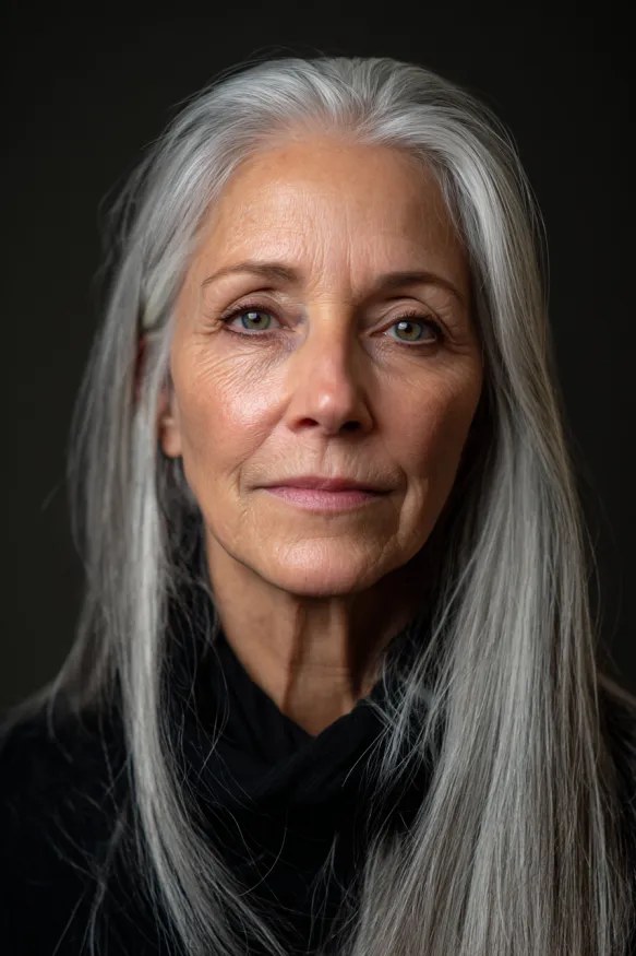 Woman over 70 with steel-Gray Straight Hair With a Center Part — long gray hairstyle inspiration for women over 70