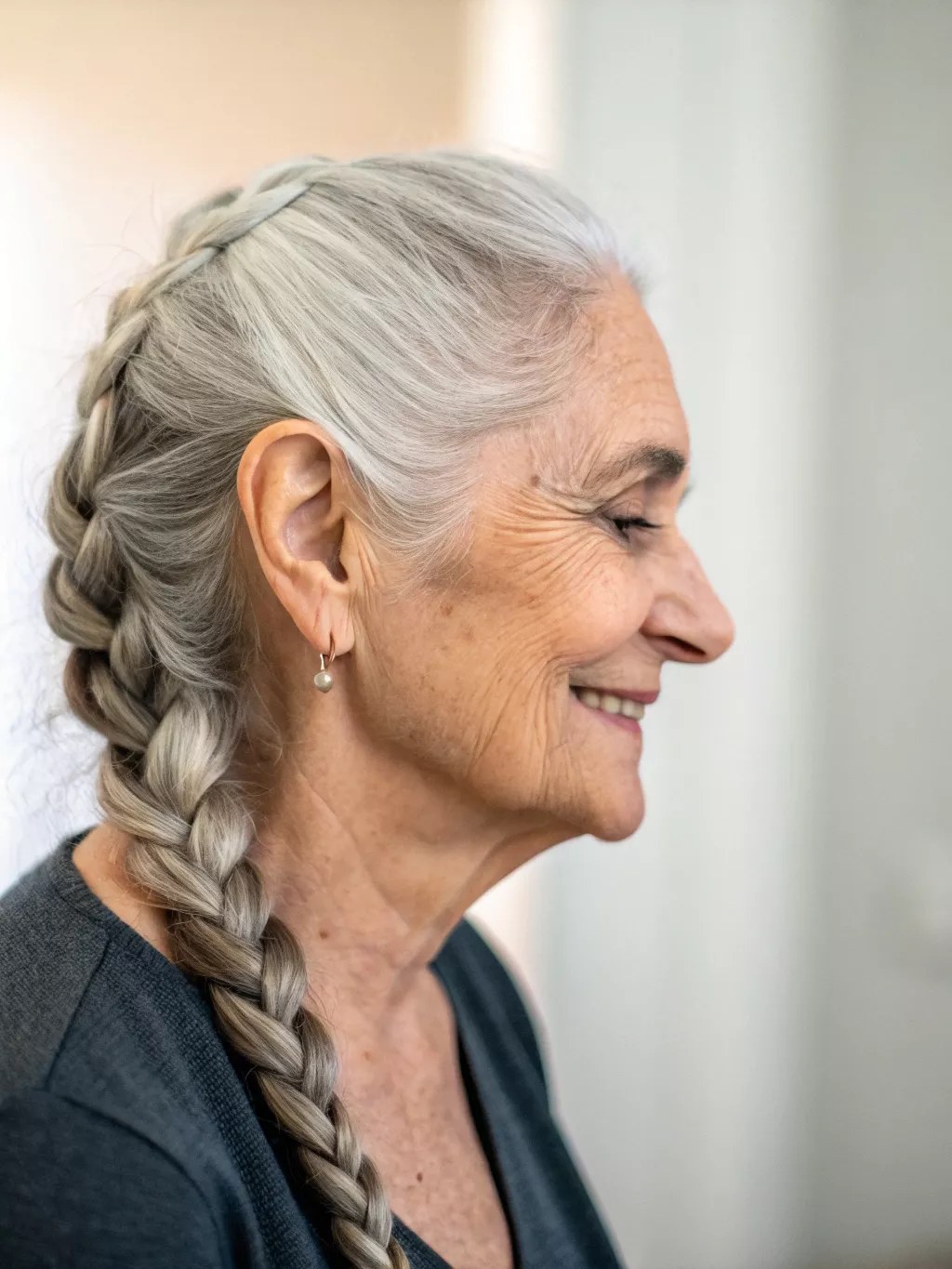 Woman over 70 with long Silver Braid Over One Shoulder — long gray hairstyle inspiration for women over 70