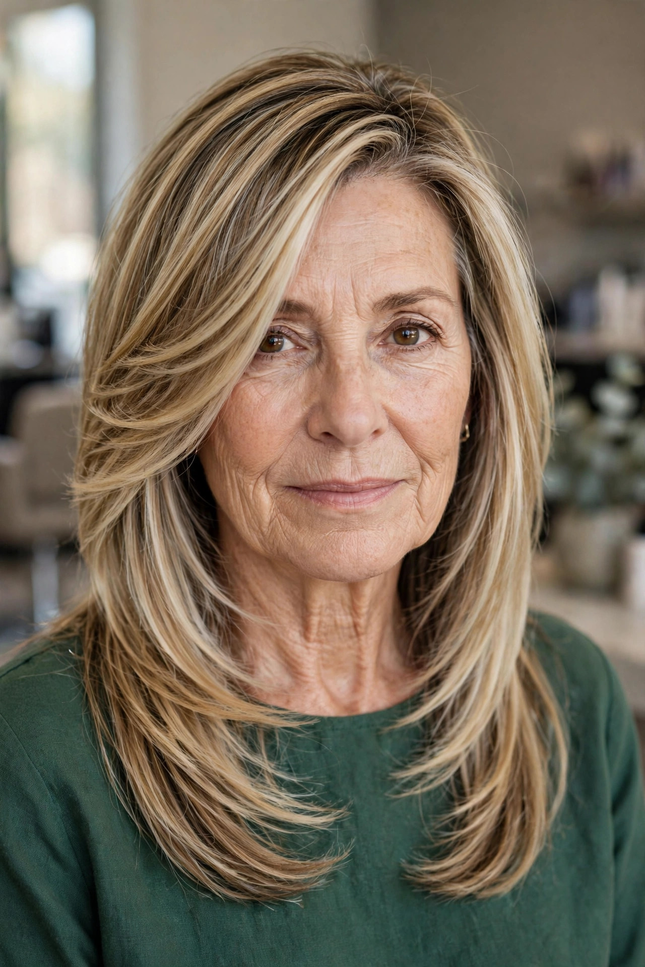 Deep Side Part with Face-Framing Layers - long hair with face-framing layers for a woman over 50