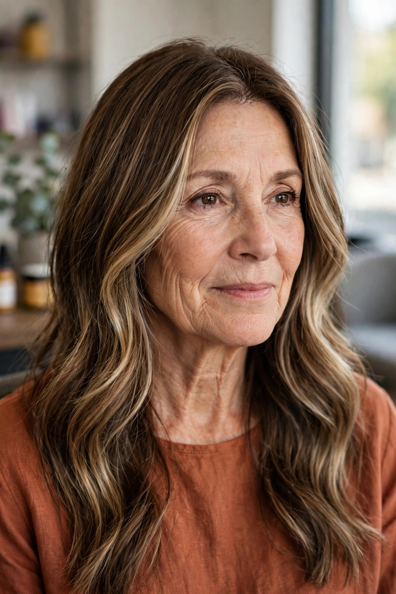 Face-Framing Layers with Balayage Brightening - long hair with face-framing layers for a woman over 50