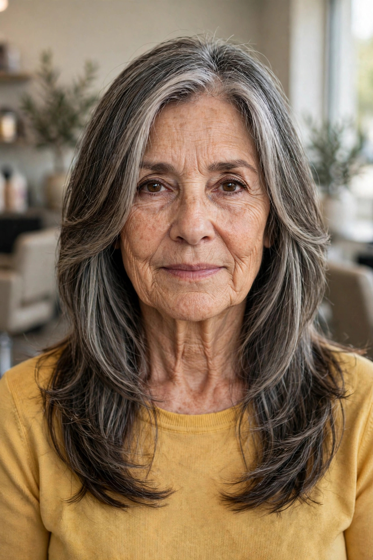 Graduated Short-to-Long Framing Layers - long hair with face-framing layers for a woman over 50