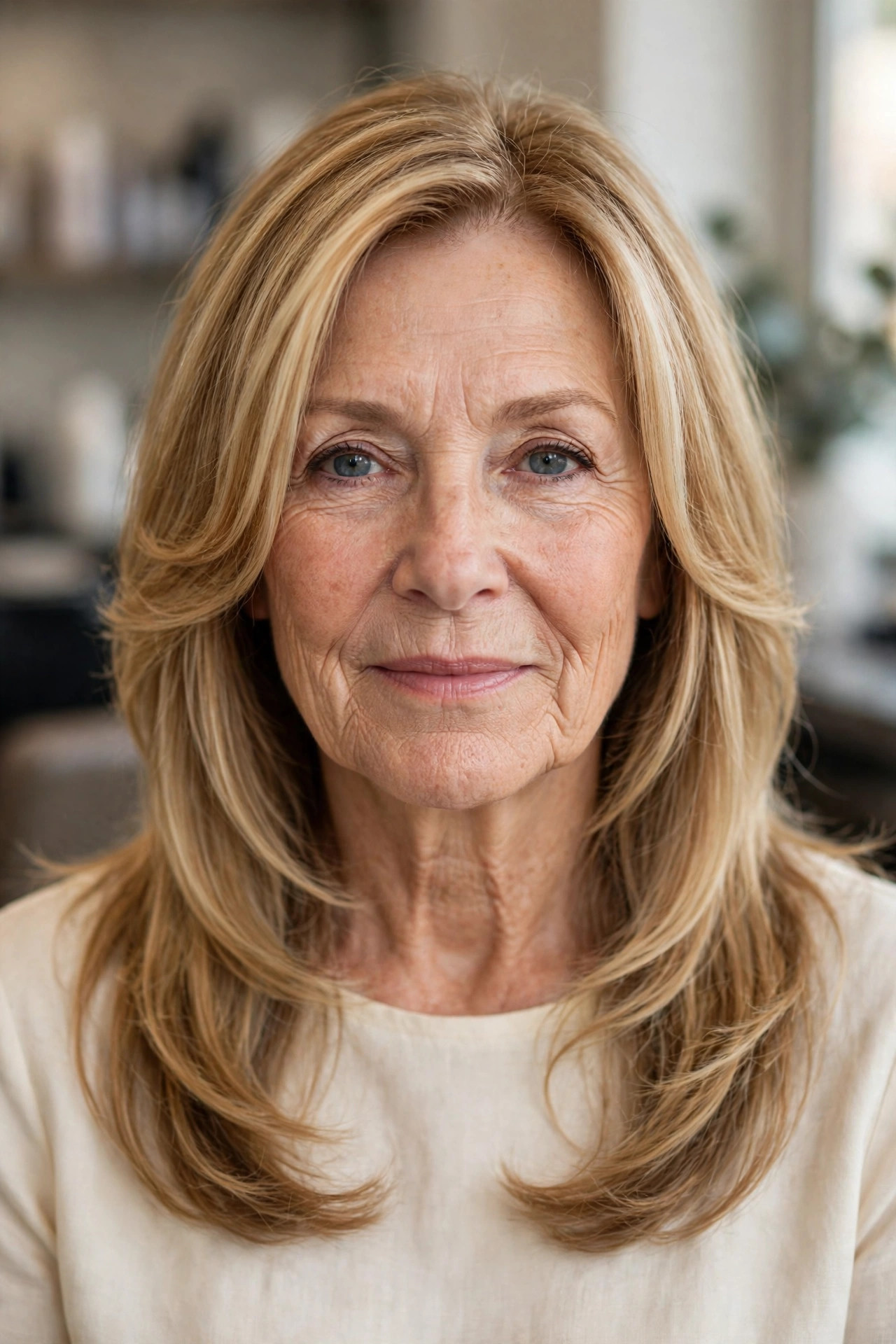 Cheekbone-Length Framing Layers - long hair with face-framing layers for a woman over 50