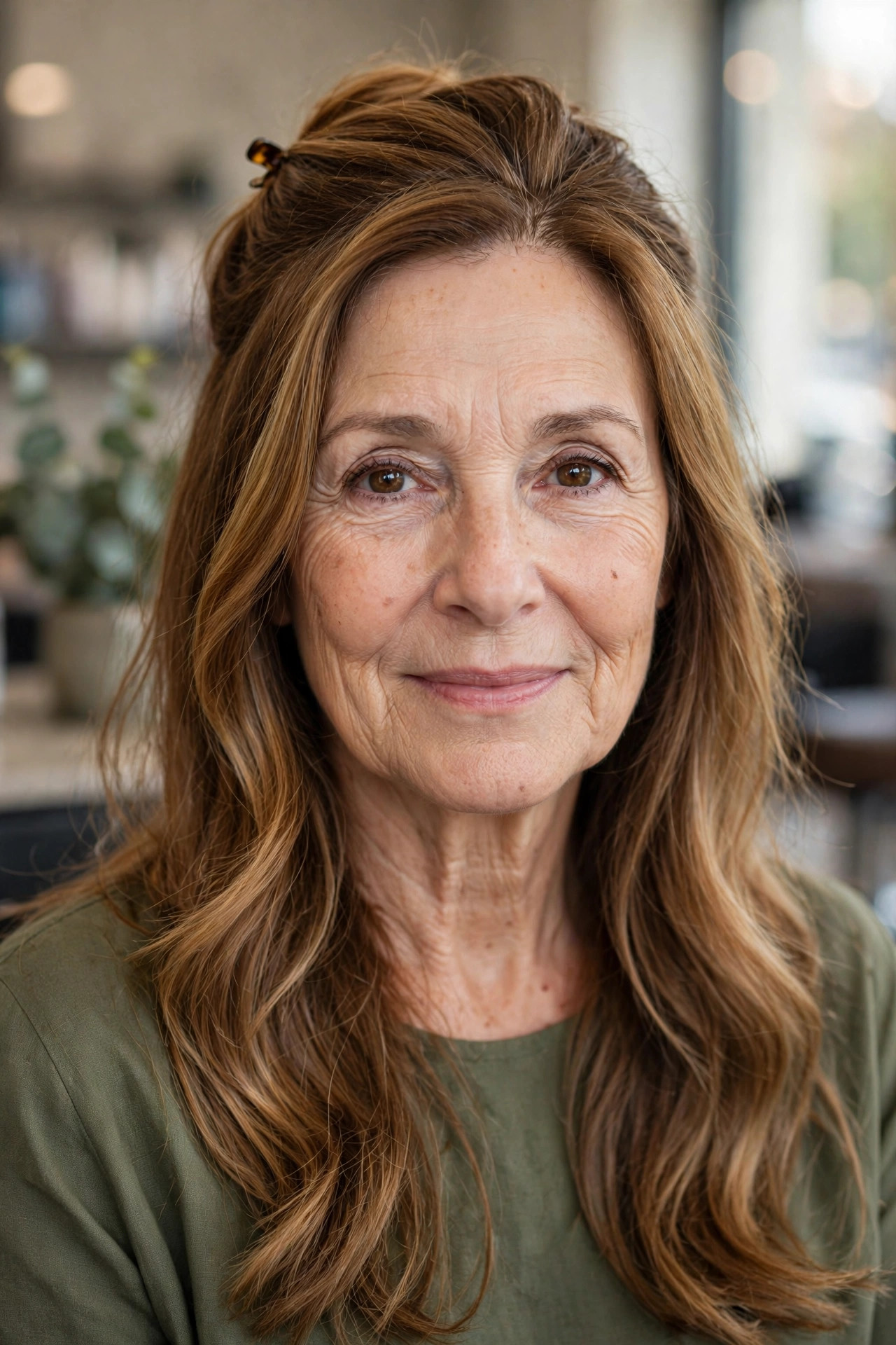 Half-Up Style Showing Off Face-Framing Layers - long hair with face-framing layers for a woman over 50