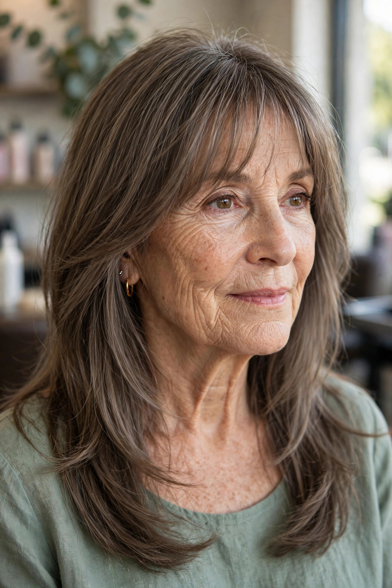 Wispy Bangs and Face-Framing Layers - long hair with face-framing layers for a woman over 50