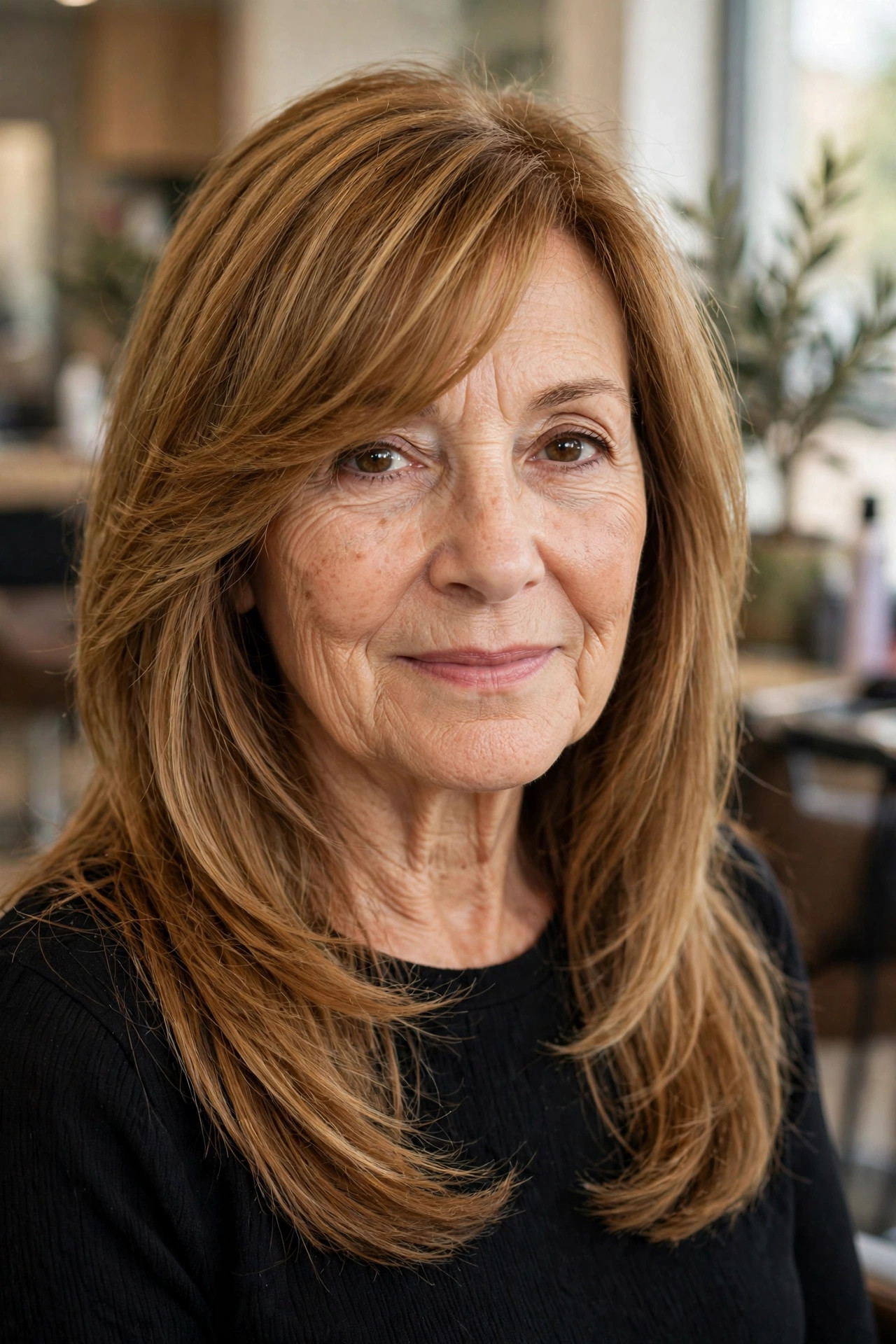 Side-Swept Bangs with Framing Layers - long hair with face-framing layers for a woman over 50