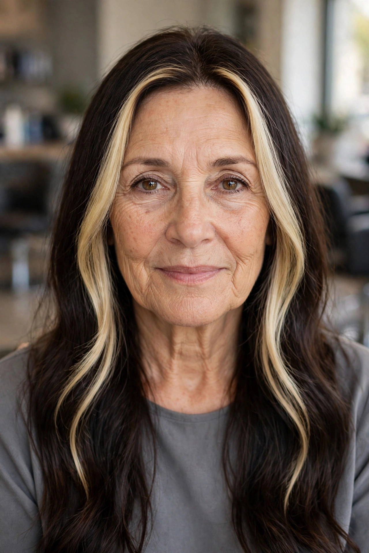 Money Piece Highlights with Face-Framing Layers - long hair with face-framing layers for a woman over 50