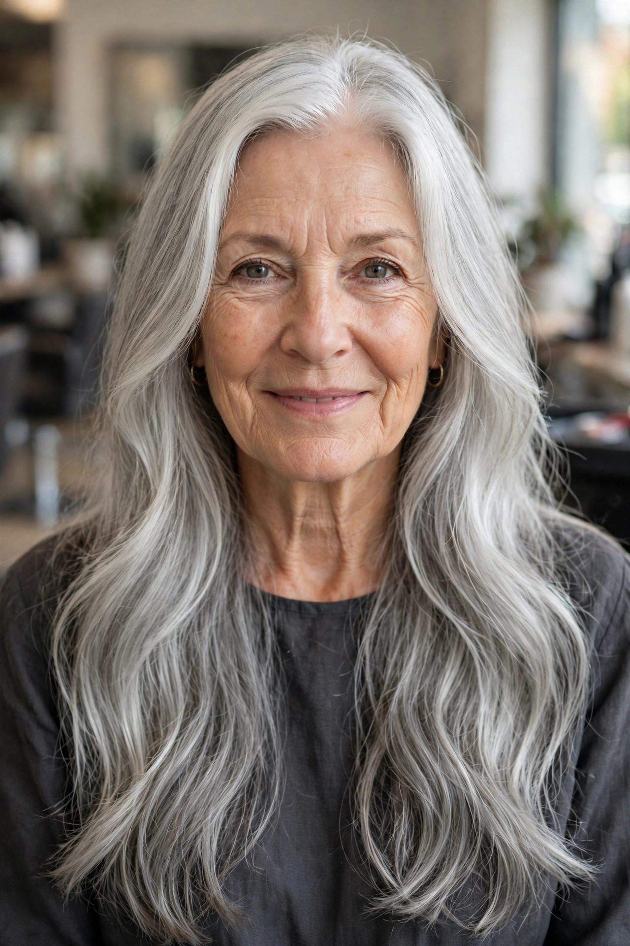 Silver Face-Framing Layers on Long Gray Hair - long hair with face-framing layers for a woman over 50