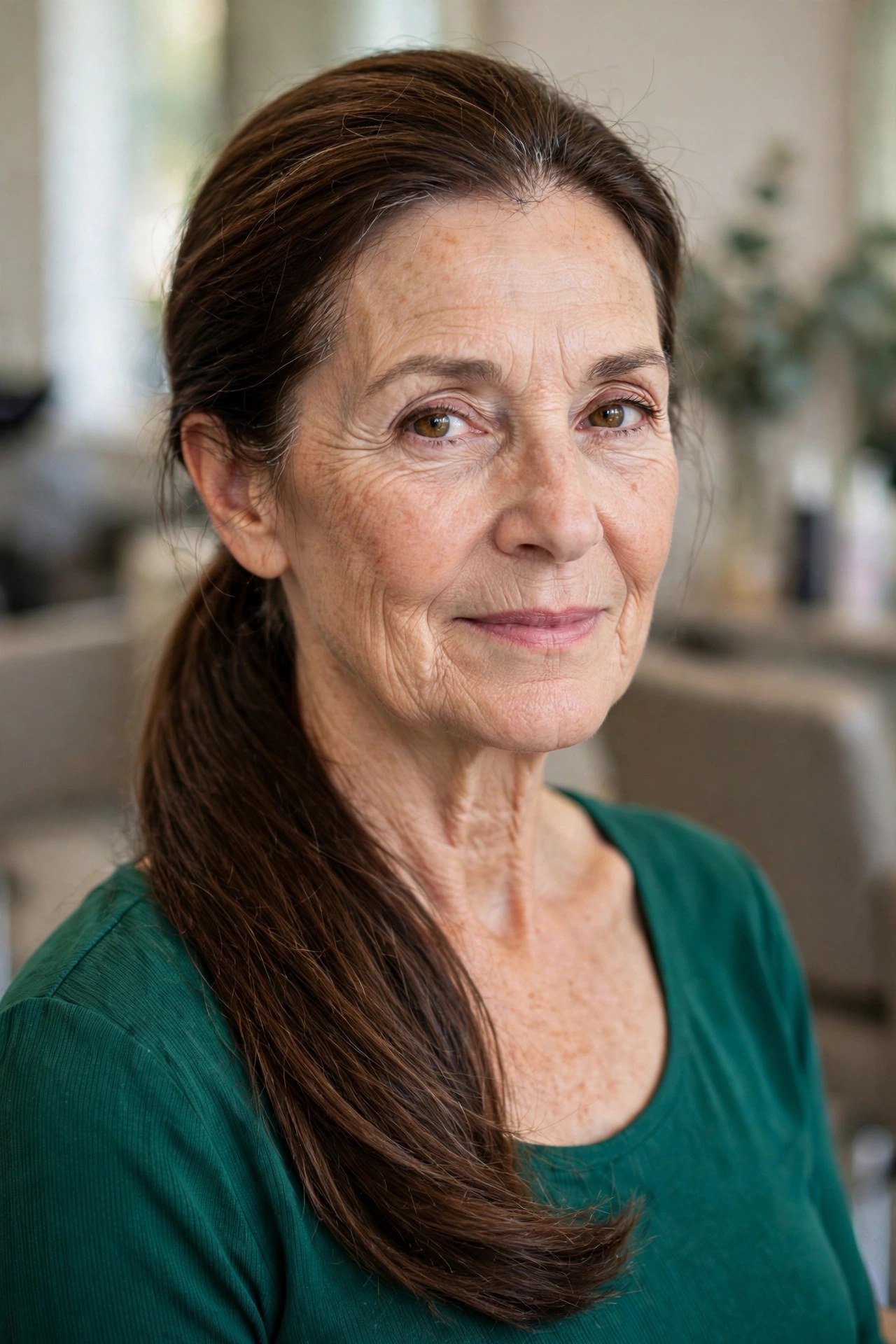 Elegant Low Ponytail with a Smooth Finish - long hairstyle for a woman over 50