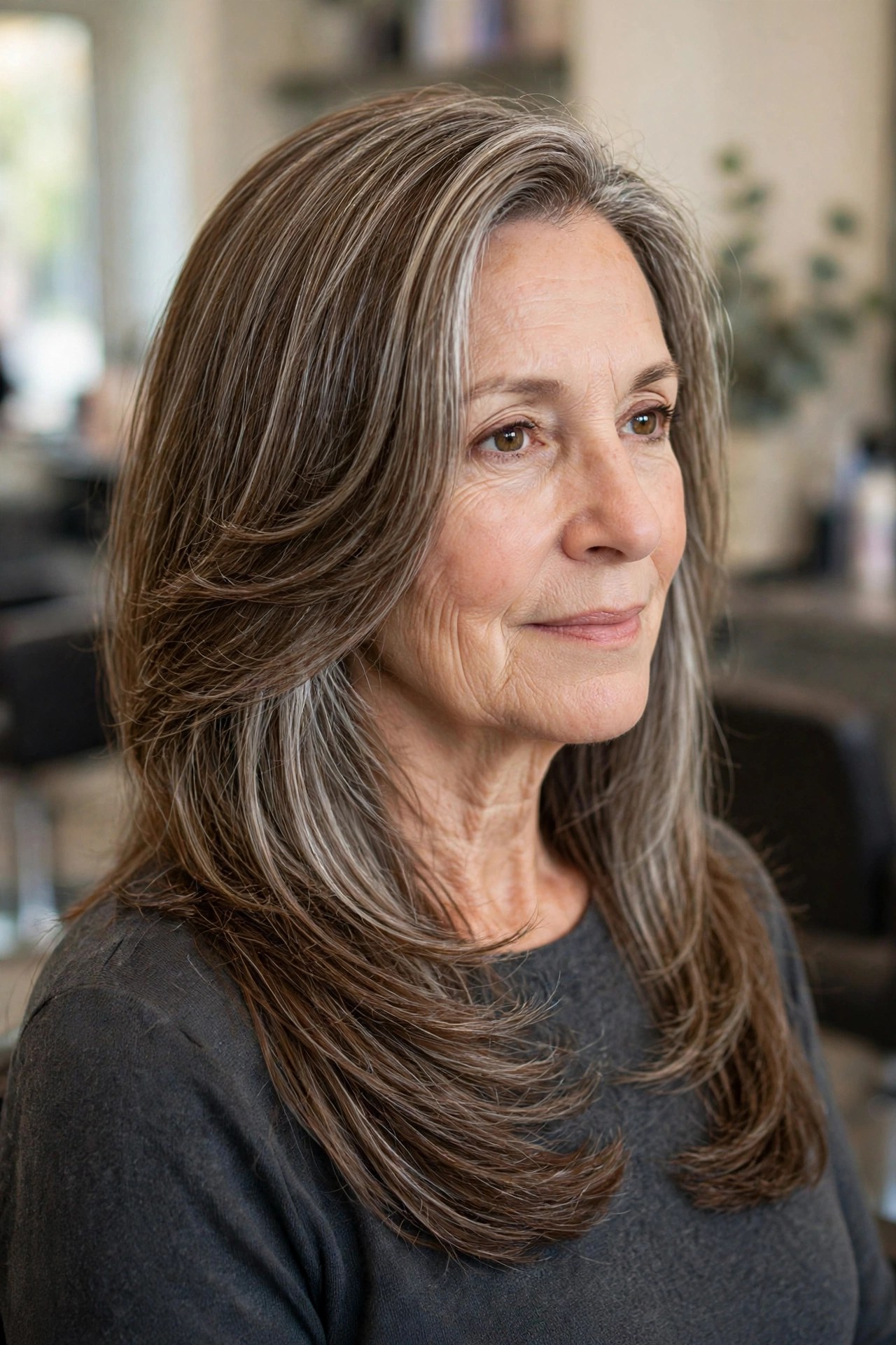 Side-Swept Long Layers - long hairstyle for a woman over 50