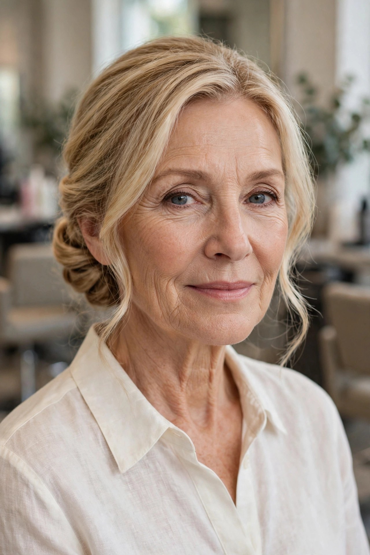 Low Chignon with Face-Framing Tendrils - long hairstyle for a woman over 50