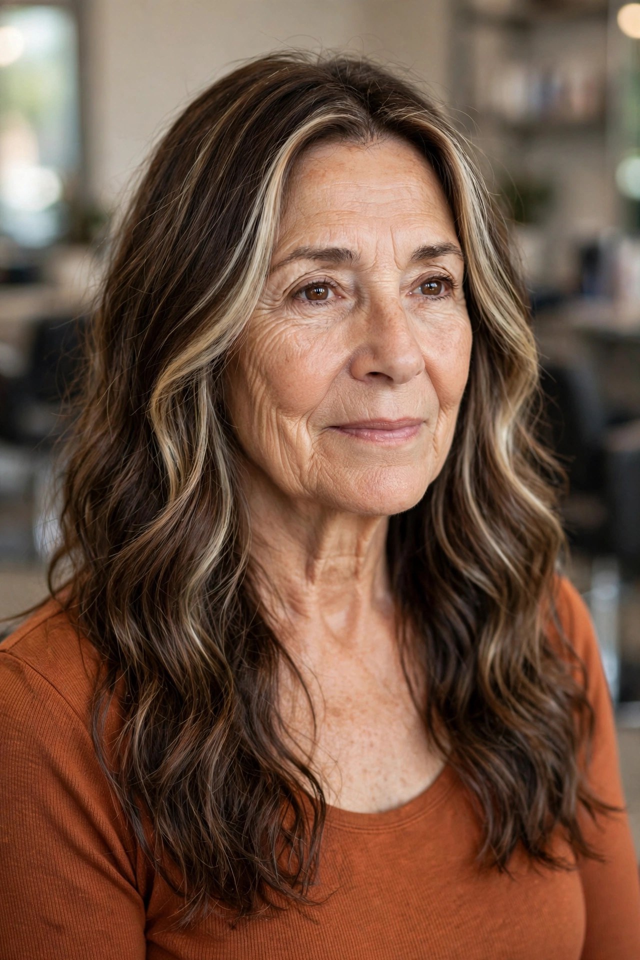 Long Waves with a Bright Money Piece - long hairstyle for a woman over 50