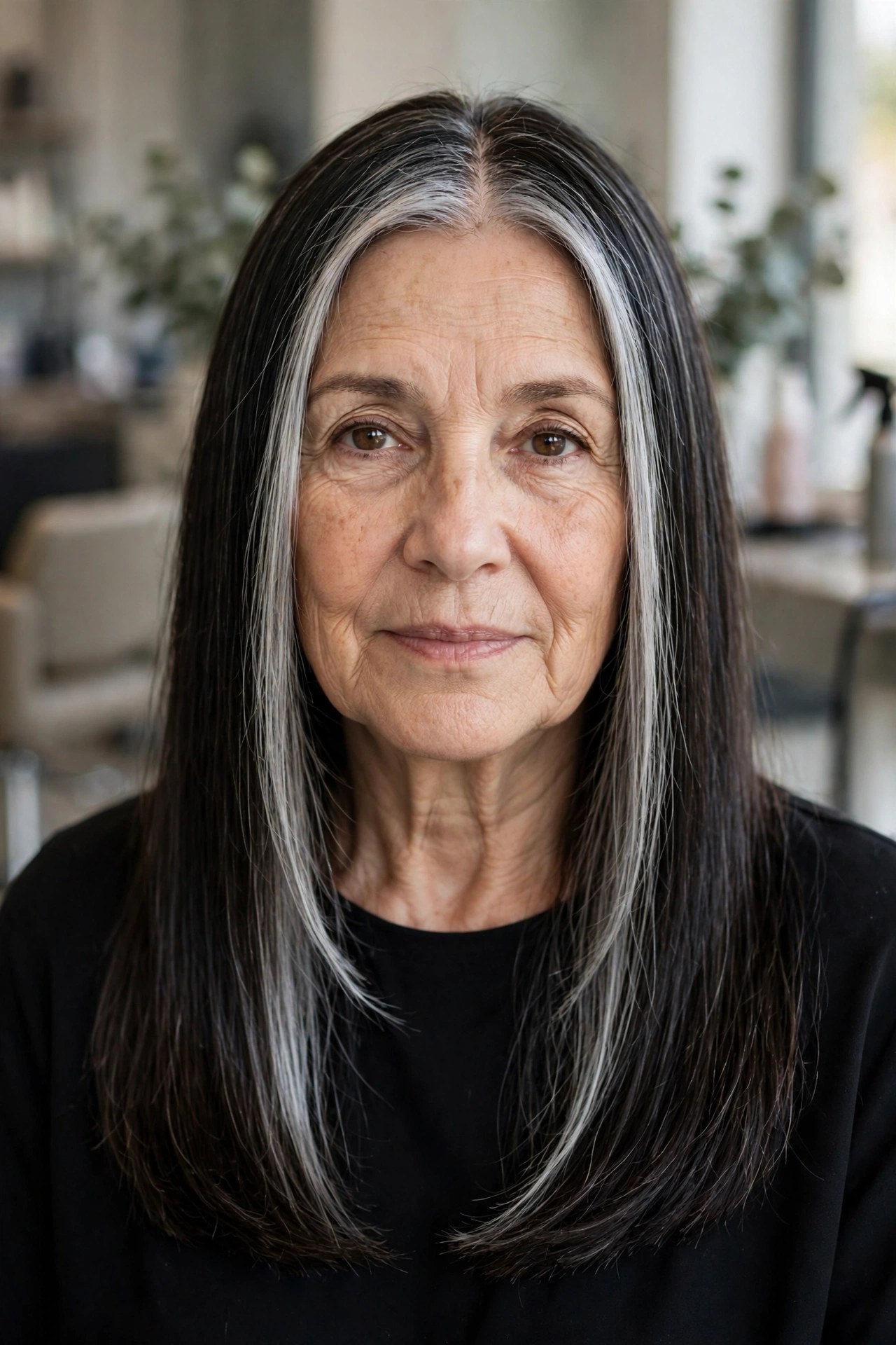 Center-Part Lengths with Silver Streaks - long hairstyle for a woman over 50