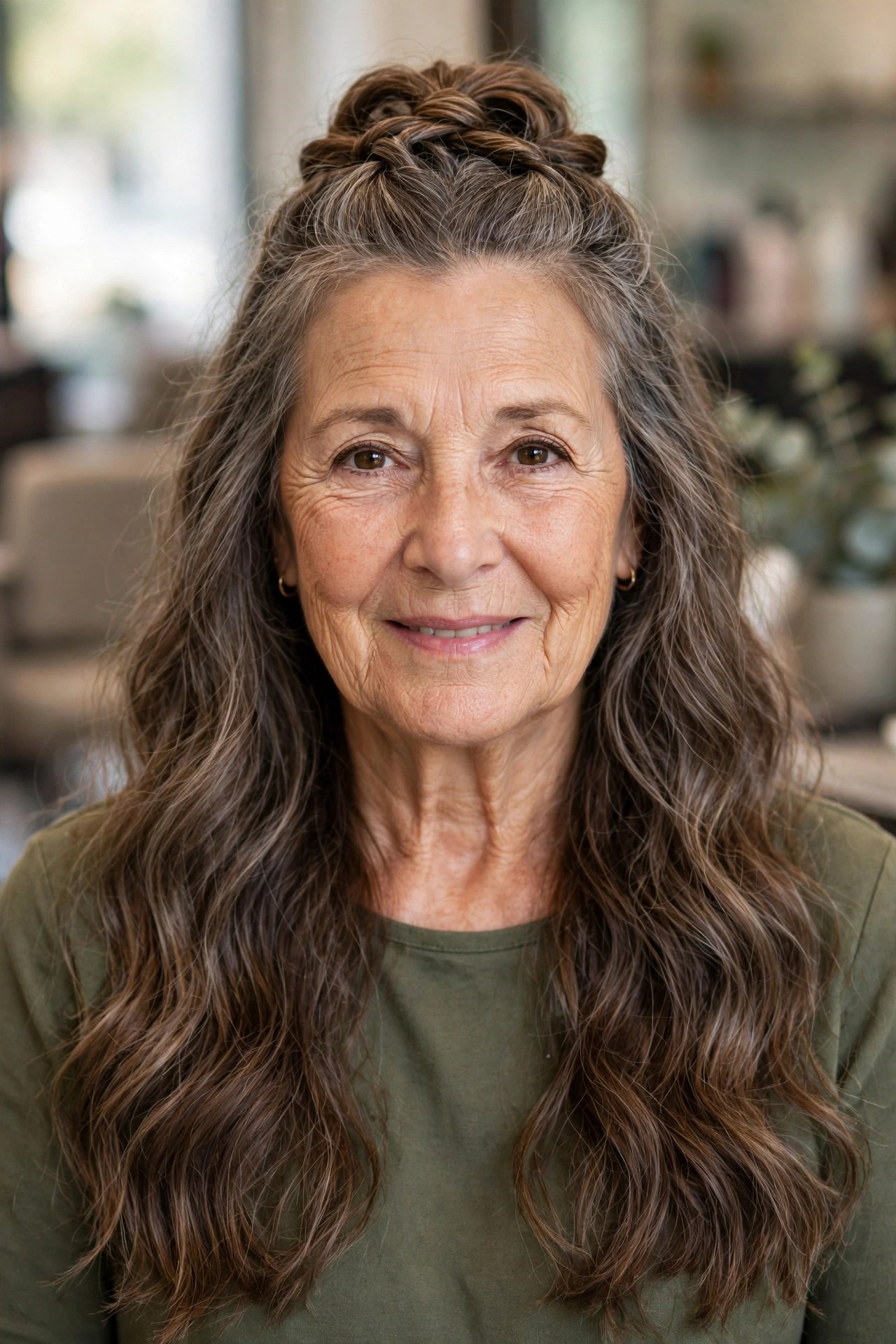 Twisted Half-Up Crown with Flowing Lengths - long hairstyle for a woman over 50