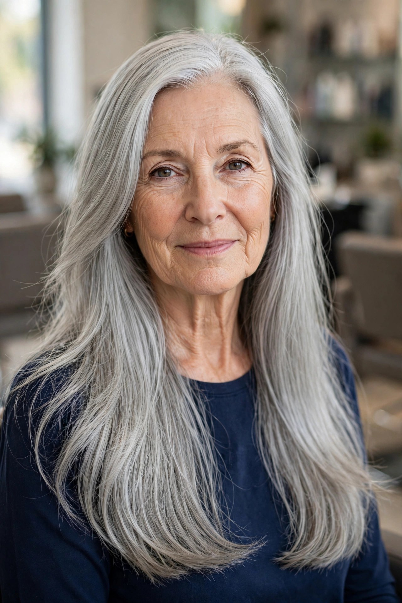 Long Silver Hair, Sleek and Luminous - long hairstyle for a woman over 50