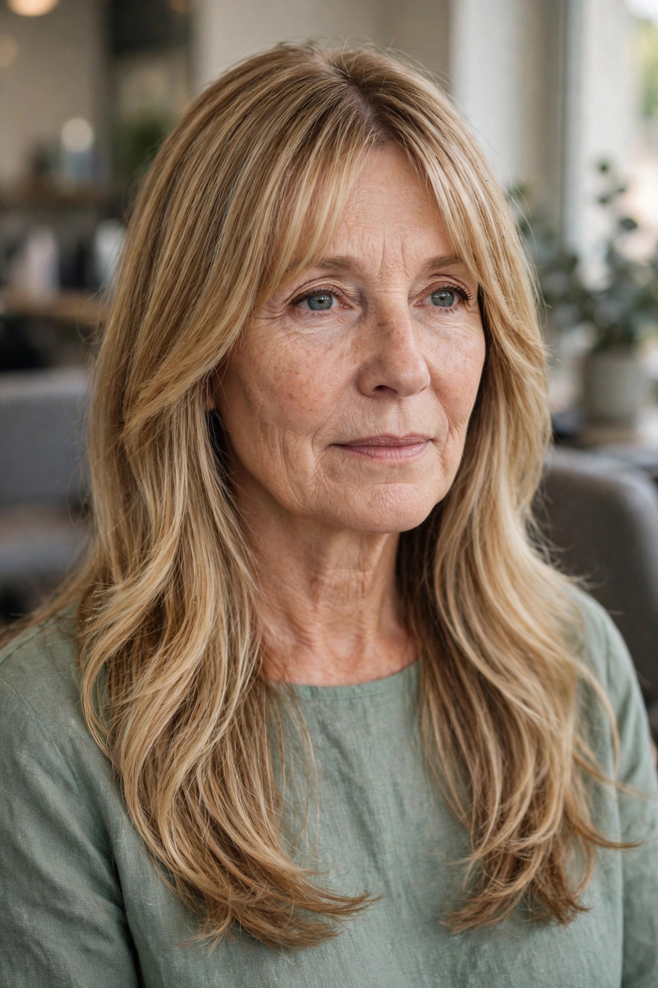 Long Layers with Curtain Bangs - long hairstyle for a woman over 50