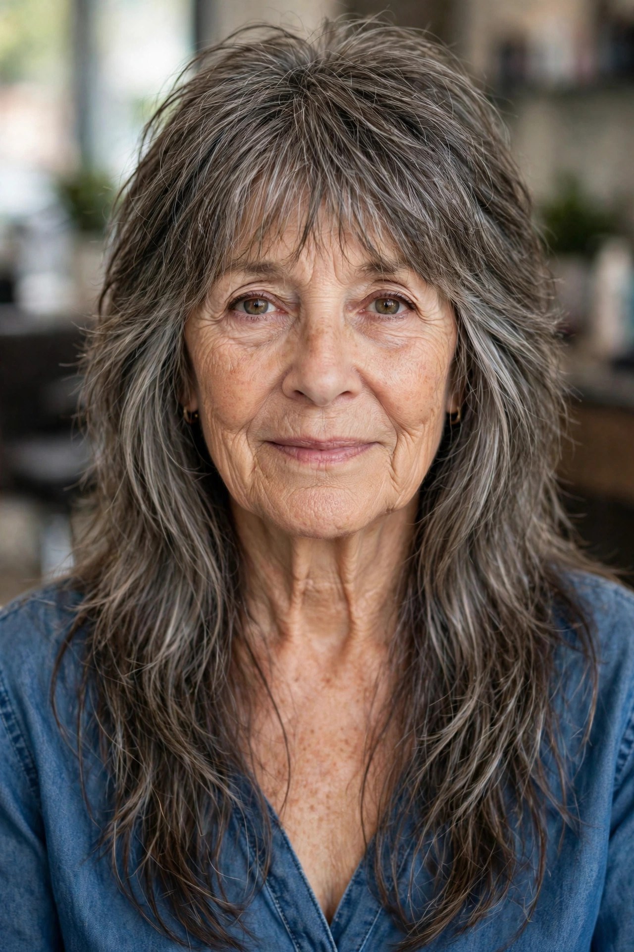Long Shag with Wispy Bangs - long hairstyle for woman over 60