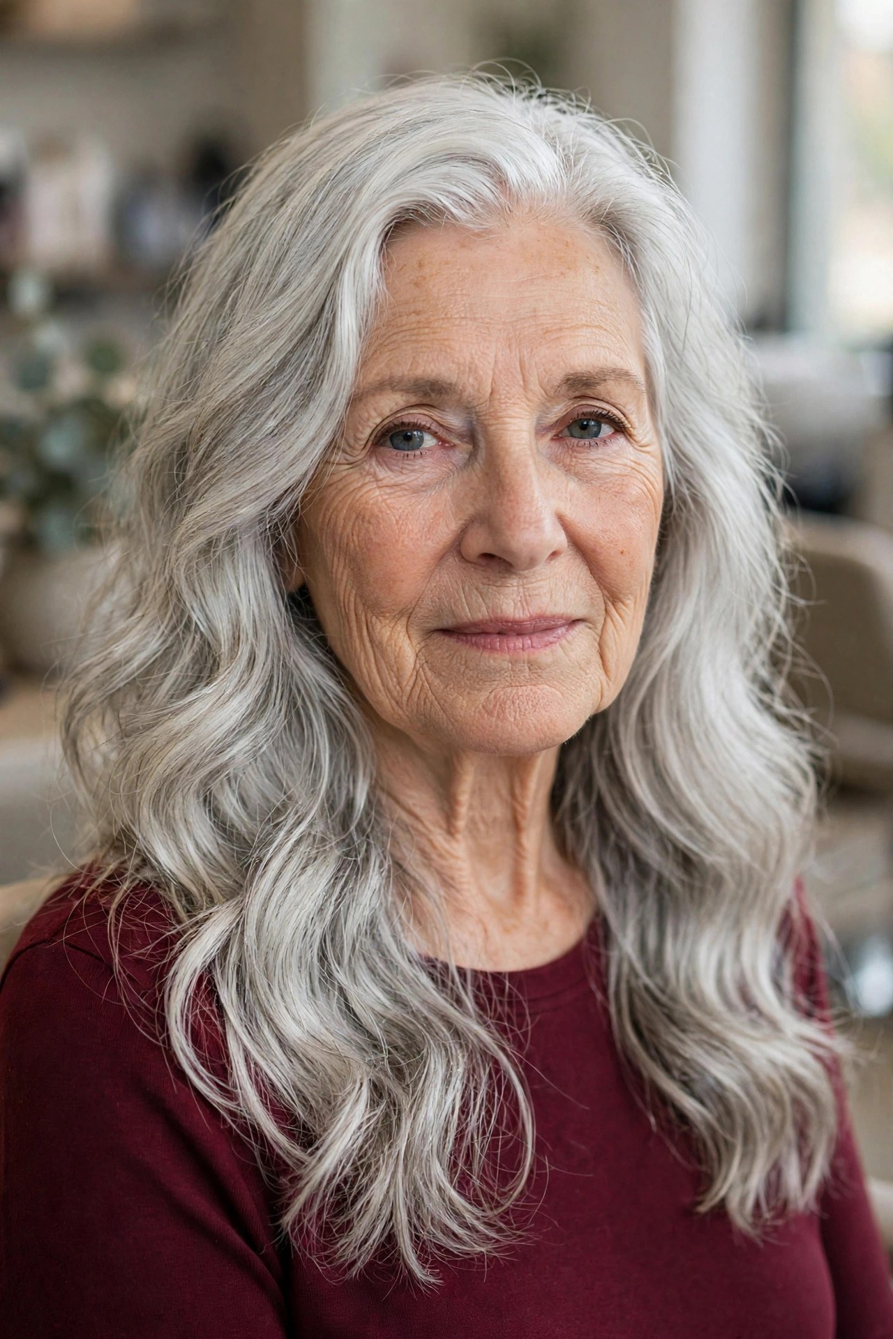 Deep Side-Part Waves in Silver White - long hairstyle for woman over 60