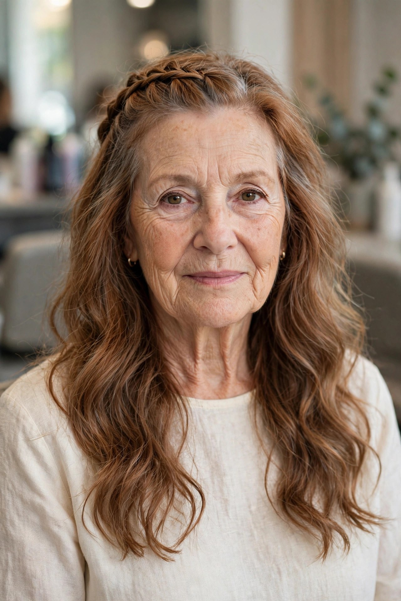 Braided Crown Half-Up on Long Hair - long hairstyle for woman over 60