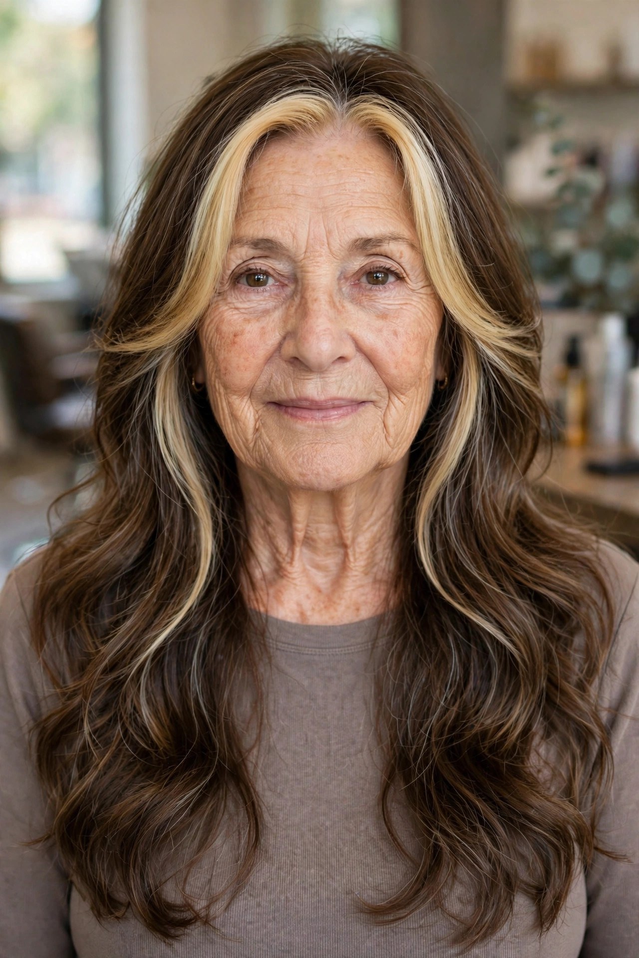 Long Layers with a Bright Money-Piece Frame - long hairstyle for woman over 60