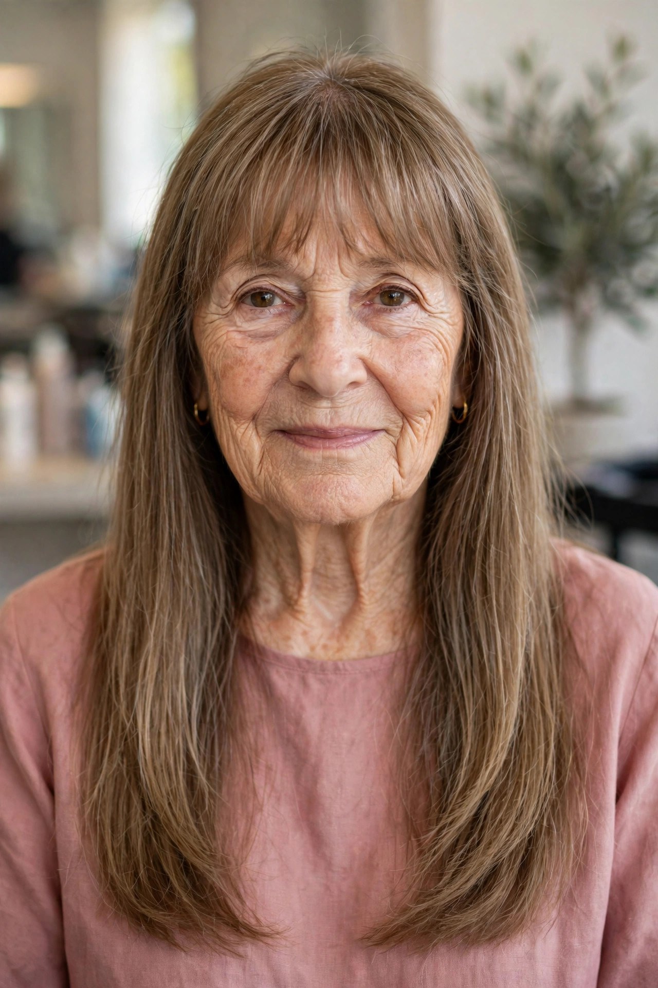 Long Straight Hair with Soft Wispy Bangs - long hairstyle for woman over 60