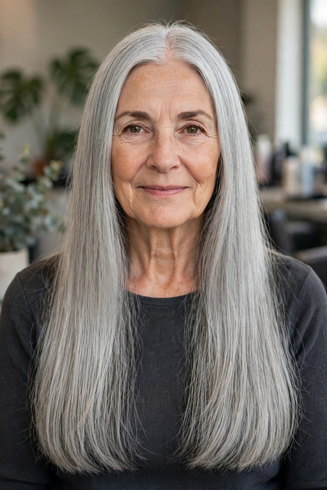 Center-Part Long Silver, Sleek and Straight - long hairstyle for woman over 60