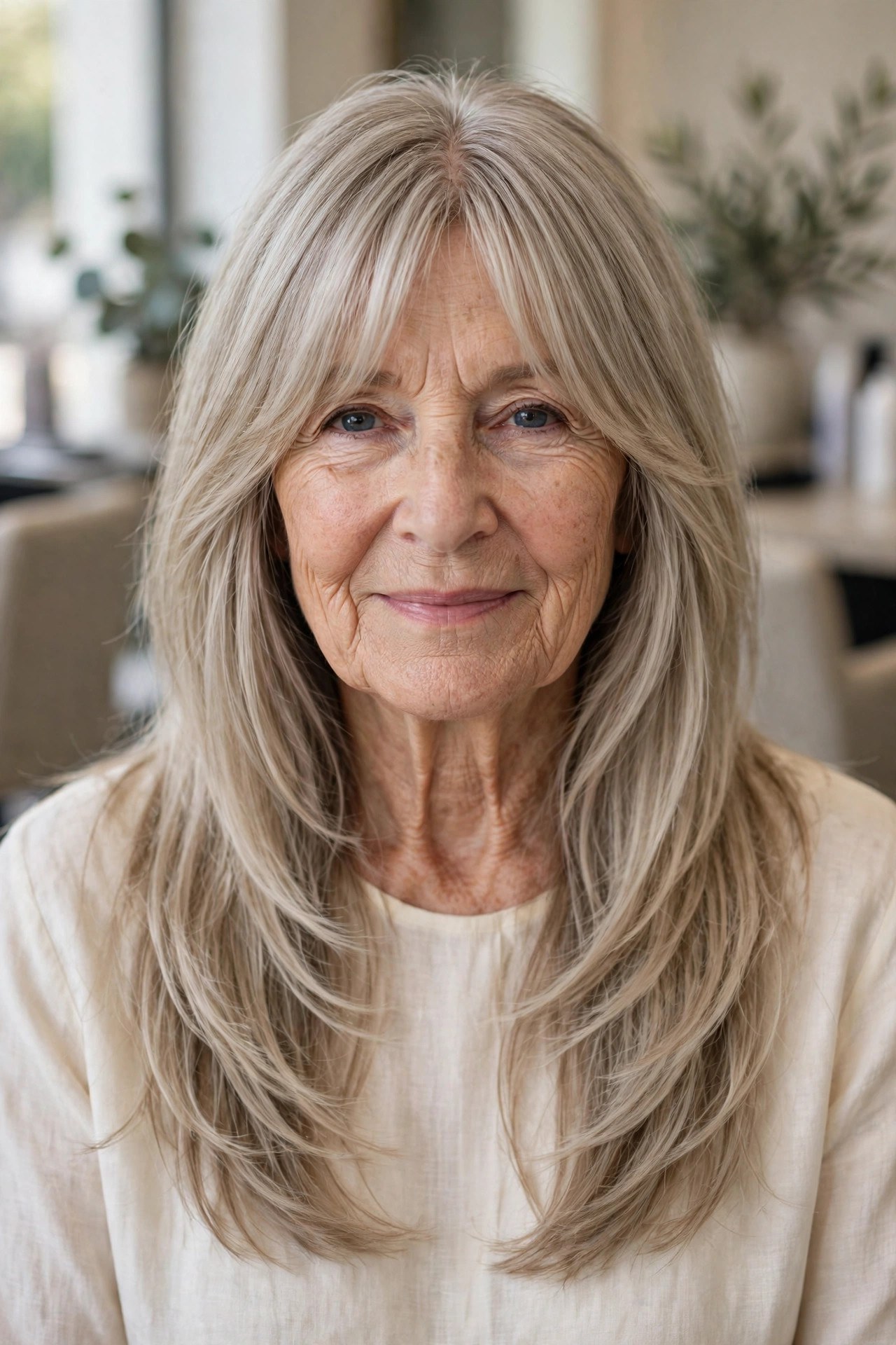 Long Feathered Layers with Curtain Bangs - long hairstyle for woman over 60