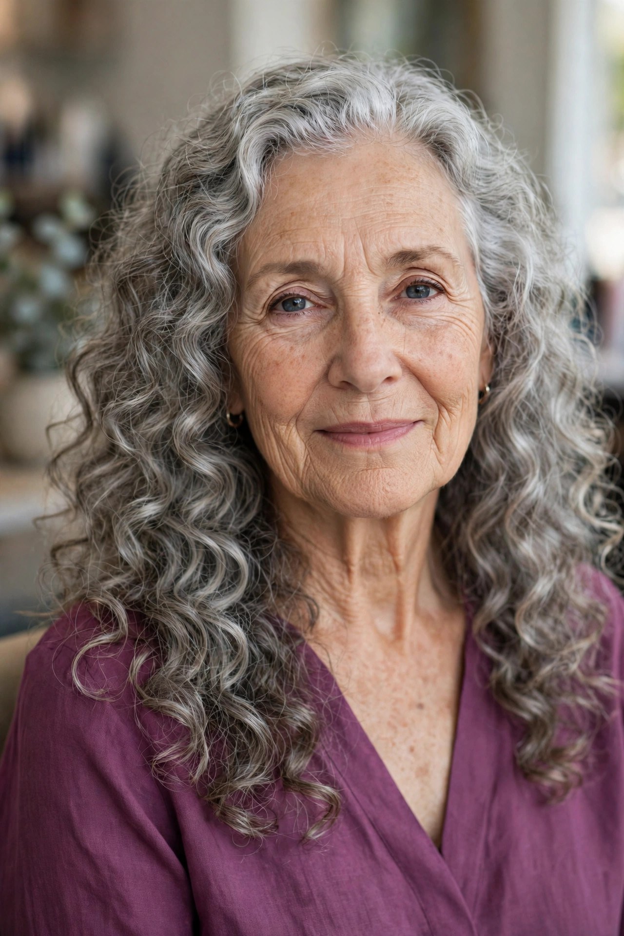 Long Silver Curls, Defined and Joyful - long hairstyle for woman over 60