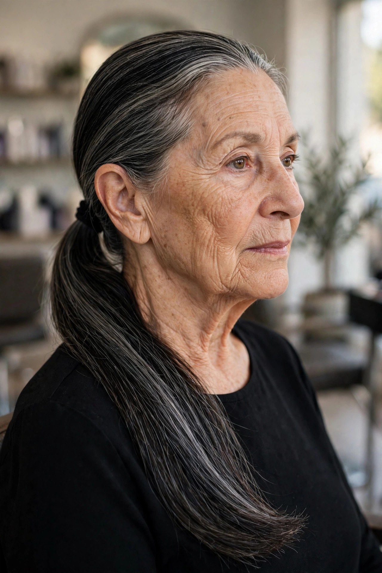 Polished Low Ponytail with a Long Tail - long hairstyle for woman over 60
