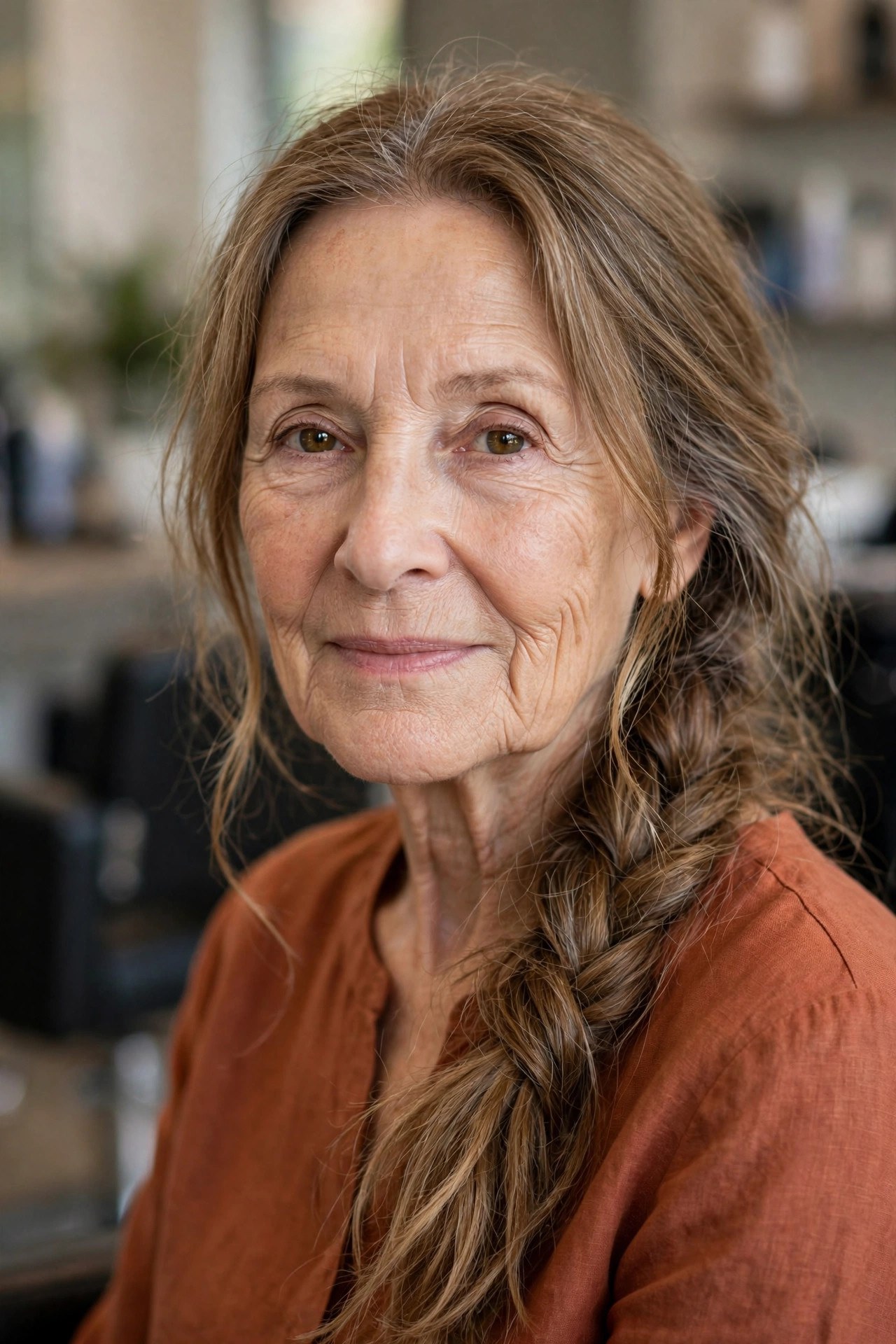Loose Side Braid Over One Shoulder - long hairstyle for woman over 60