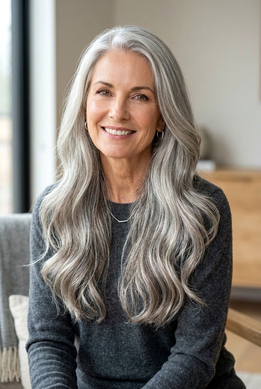 Woman over 70 with long Silver Layers With a Soft Side Part — long hairstyle inspiration for women over 70