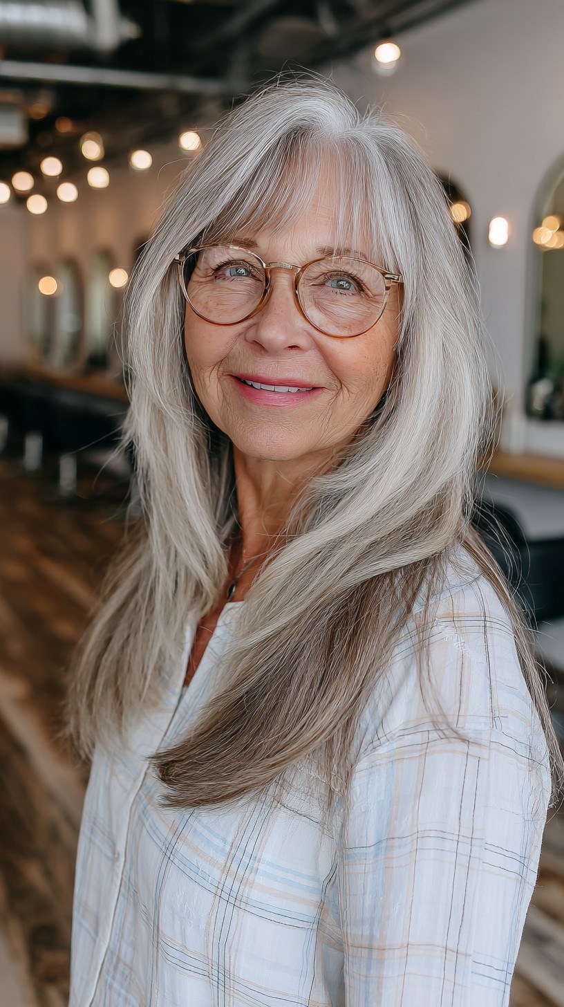 Woman over 70 with long Layers With Curtain Bangs and Glasses — long hairstyle inspiration for women over 70