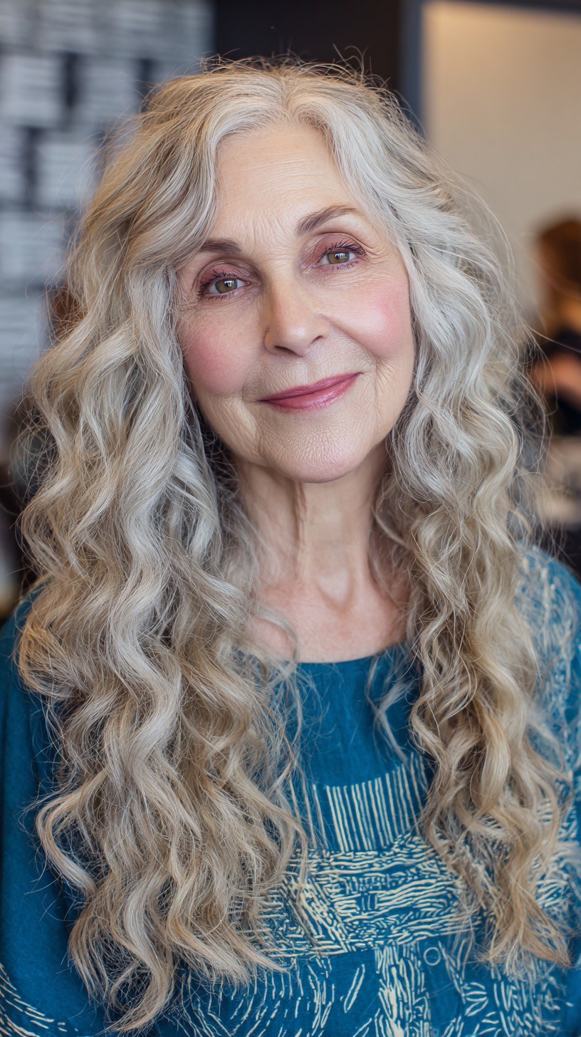 Woman over 70 with long Natural Curls With Defined Shine — long hairstyle inspiration for women over 70