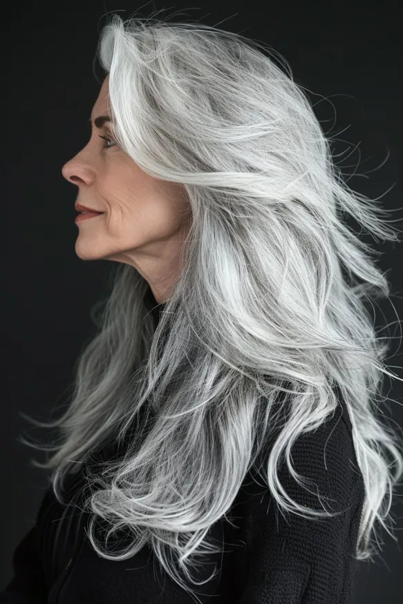 Woman over 70 with long Layers With a Deep Side Sweep — long hairstyle inspiration for women over 70