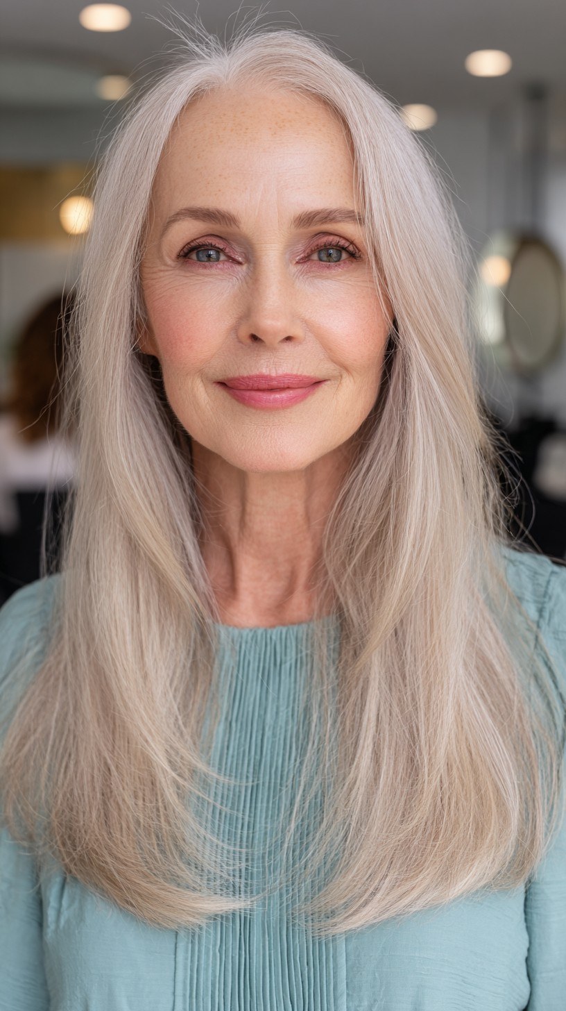 Woman over 70 with straight Length With a Soft U-Shape Hemline — long hairstyle inspiration for women over 70